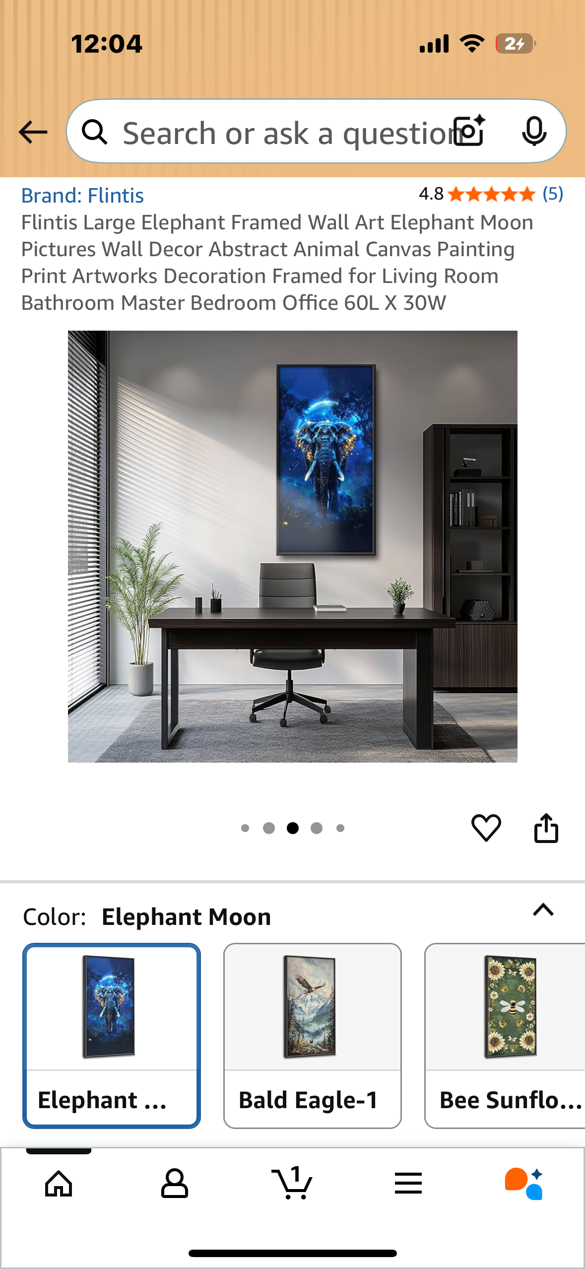 Flintis Large Elephant Framed Wall Art Canvas, Abstract Animal Canvas Painting Framed for Living Room, Bathroom Master Bedroom, Office, 60L X 30W (L1030)