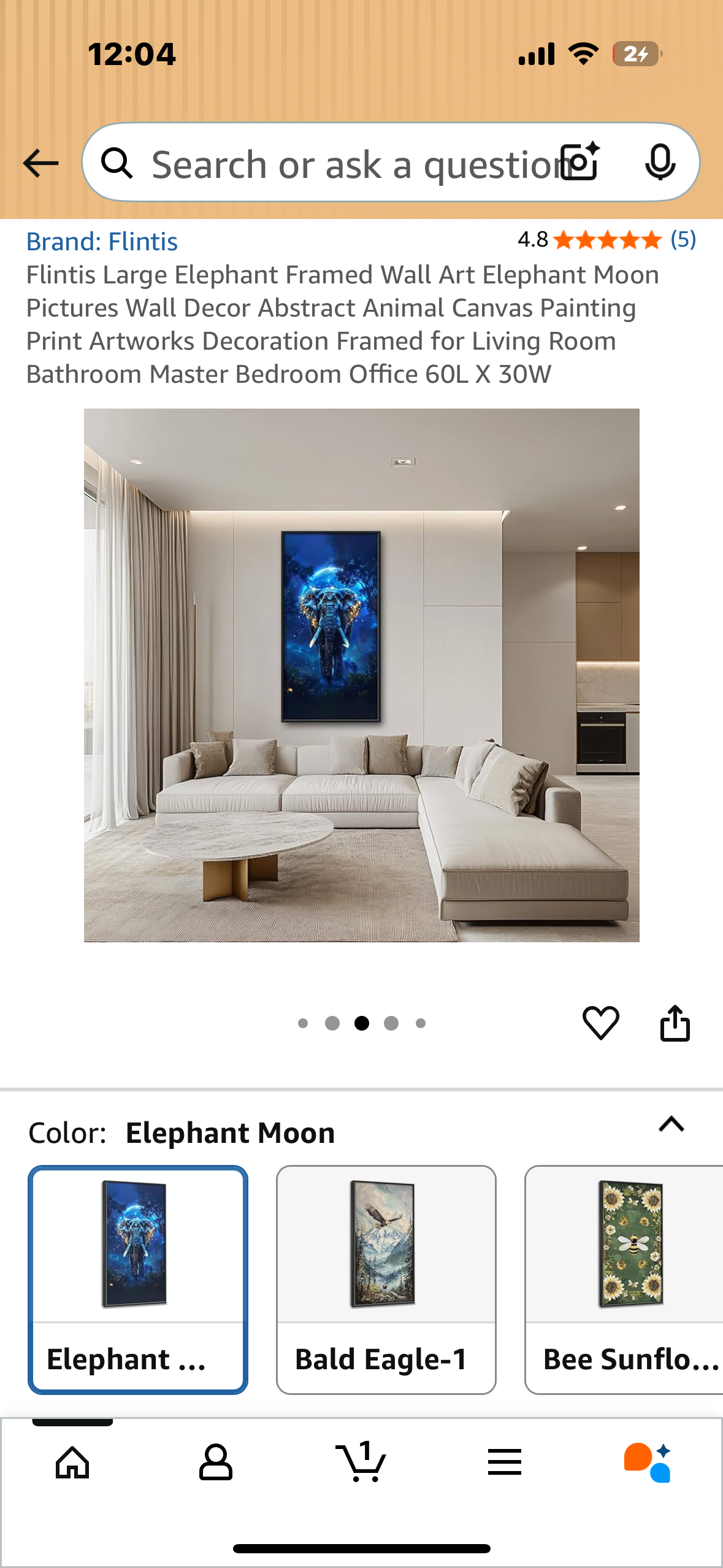 Flintis Large Elephant Framed Wall Art Canvas, Abstract Animal Canvas Painting Framed for Living Room, Bathroom Master Bedroom, Office, 60L X 30W (L1030)