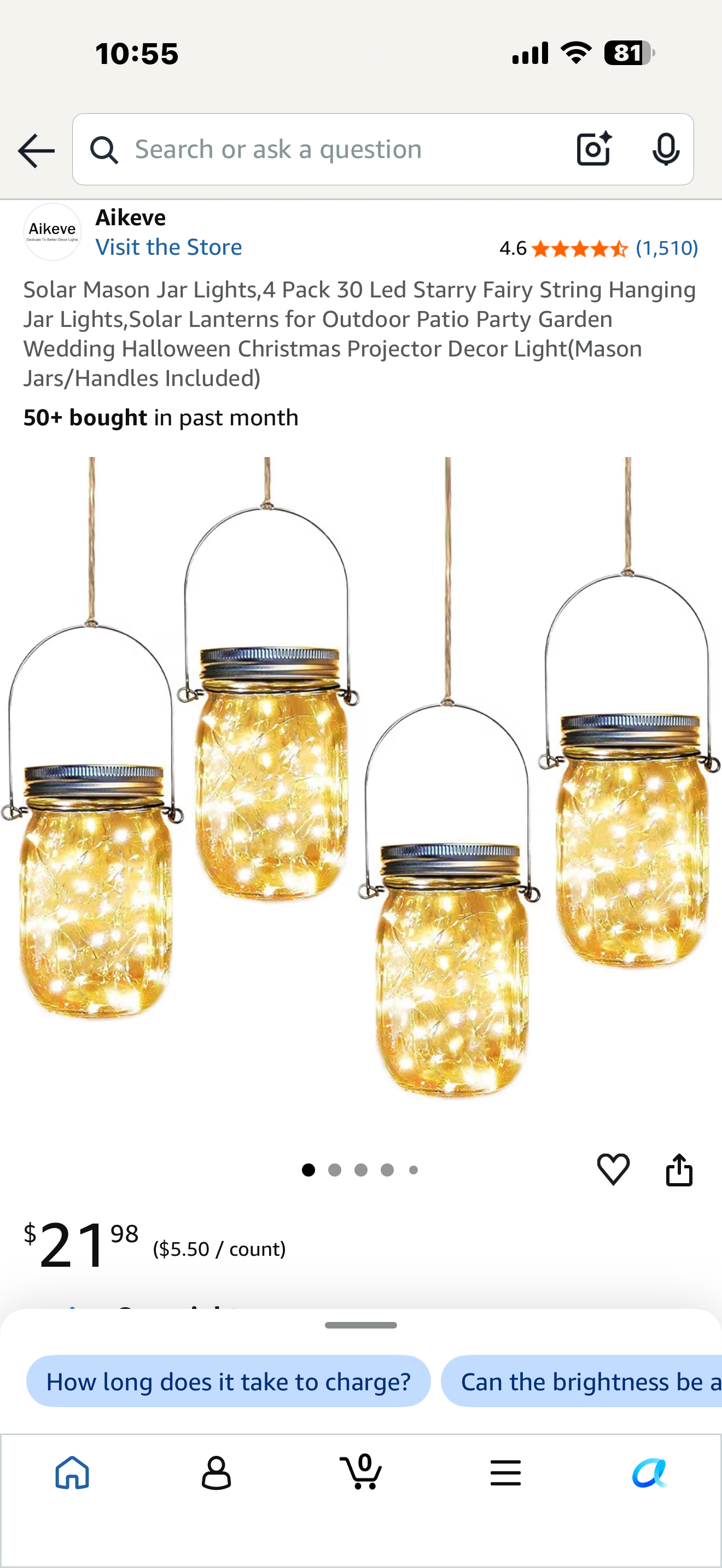 Solar Mason Jar Lights,4 Pack 30 Led Starry Fairy String Hanging Jar Lights,Solar Lanterns for Outdoor Patio Party Garden Wedding Halloween Christmas Projector Decor Light(Mason Jars/Handles Included)