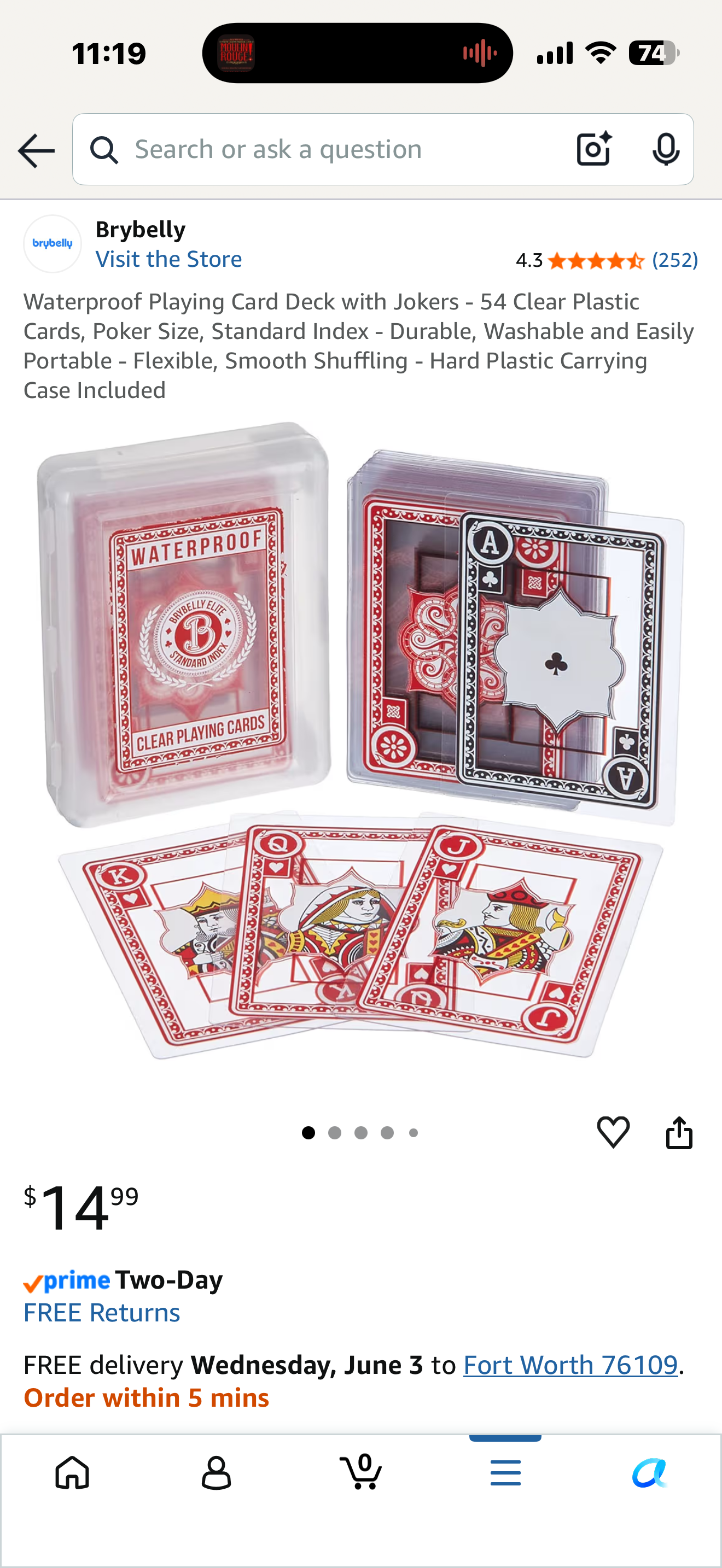 Waterproof Playing Card Deck with Jokers - 54 Clear Plastic Cards, Poker Size, Standard Index - Durable, Washable and Easily Portable - Flexible, Smooth Shuffling - Hard Plastic Carrying Case Included