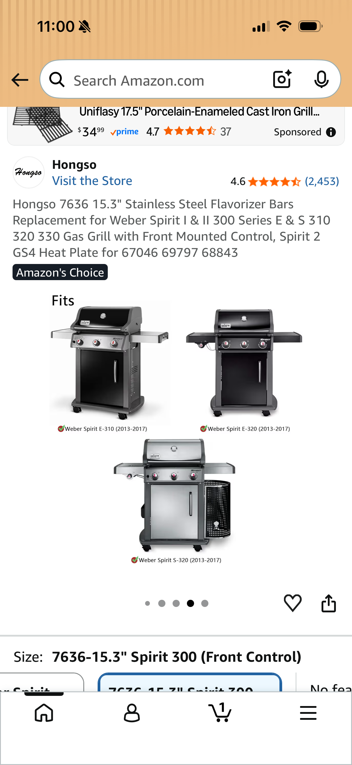 Hongso 7636 15.3" Stainless Steel Flavorizer Bars Replacement for Weber Spirit I & II 300 Series E & S 310 320 330 Gas Grill with Front Mounted Control, Spirit 2 GS4 Heat Plate for 67046 69797 68843