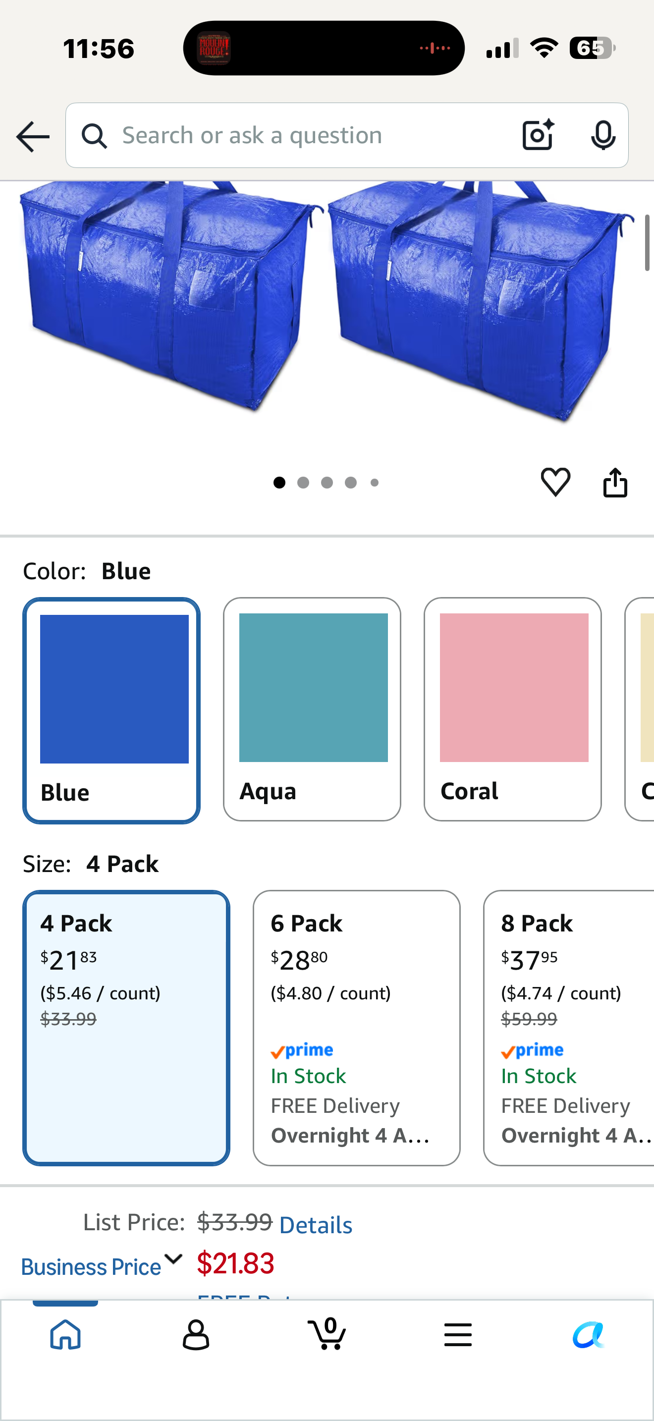 TICONN 4 Pack Extra Large Moving Bags Heavy Duty with Zippers & Carrying Handles, Durable Storage Bags Moving Boxes for Closet Organizers and Storage (4 Pack, Blue)