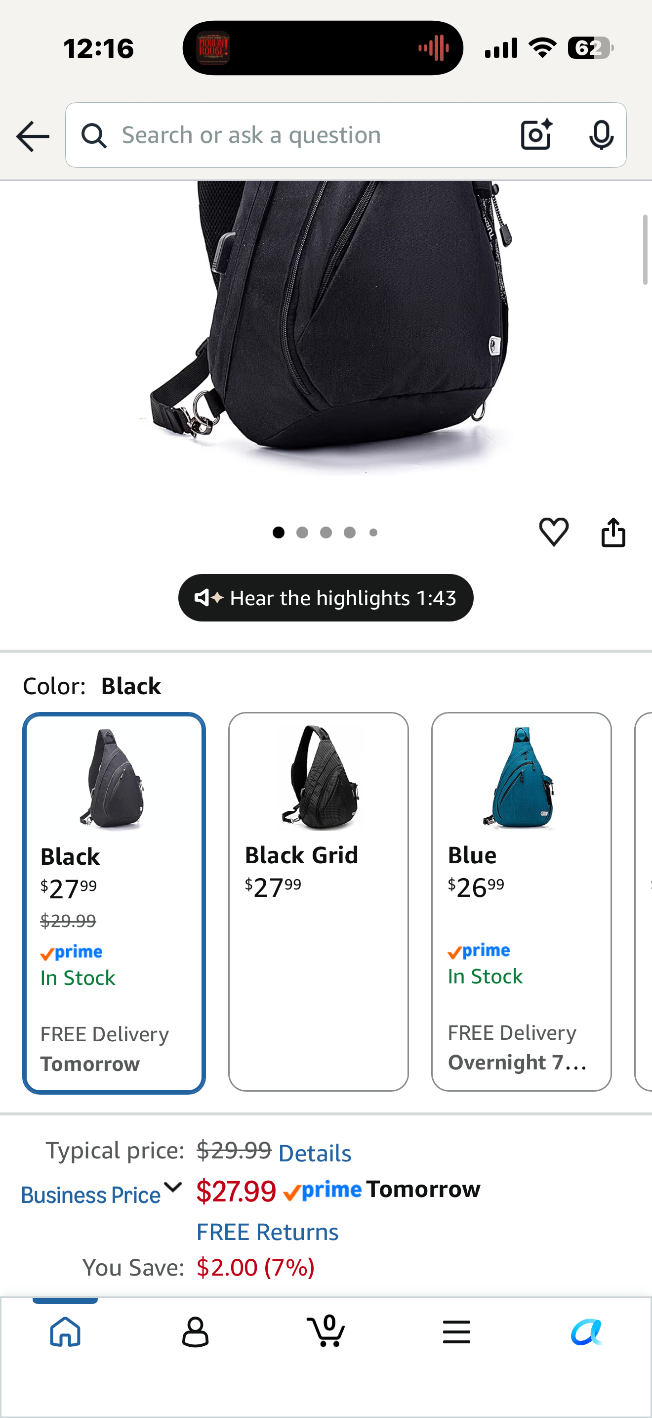 Water-Proof Sling bag/Crossbody Backpack/Shoulder Bag with USB Charging Port for Travel, Hiking, Cycling, Camping
