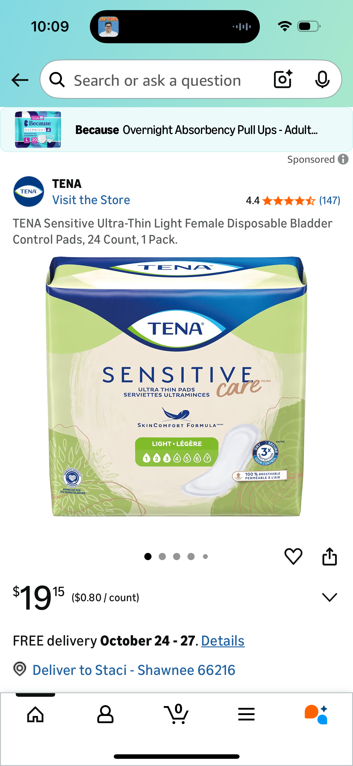 TENA Sensitive Ultra-Thin Light Female Disposable Bladder Control Pads, 24 Count, 1 Pack.
