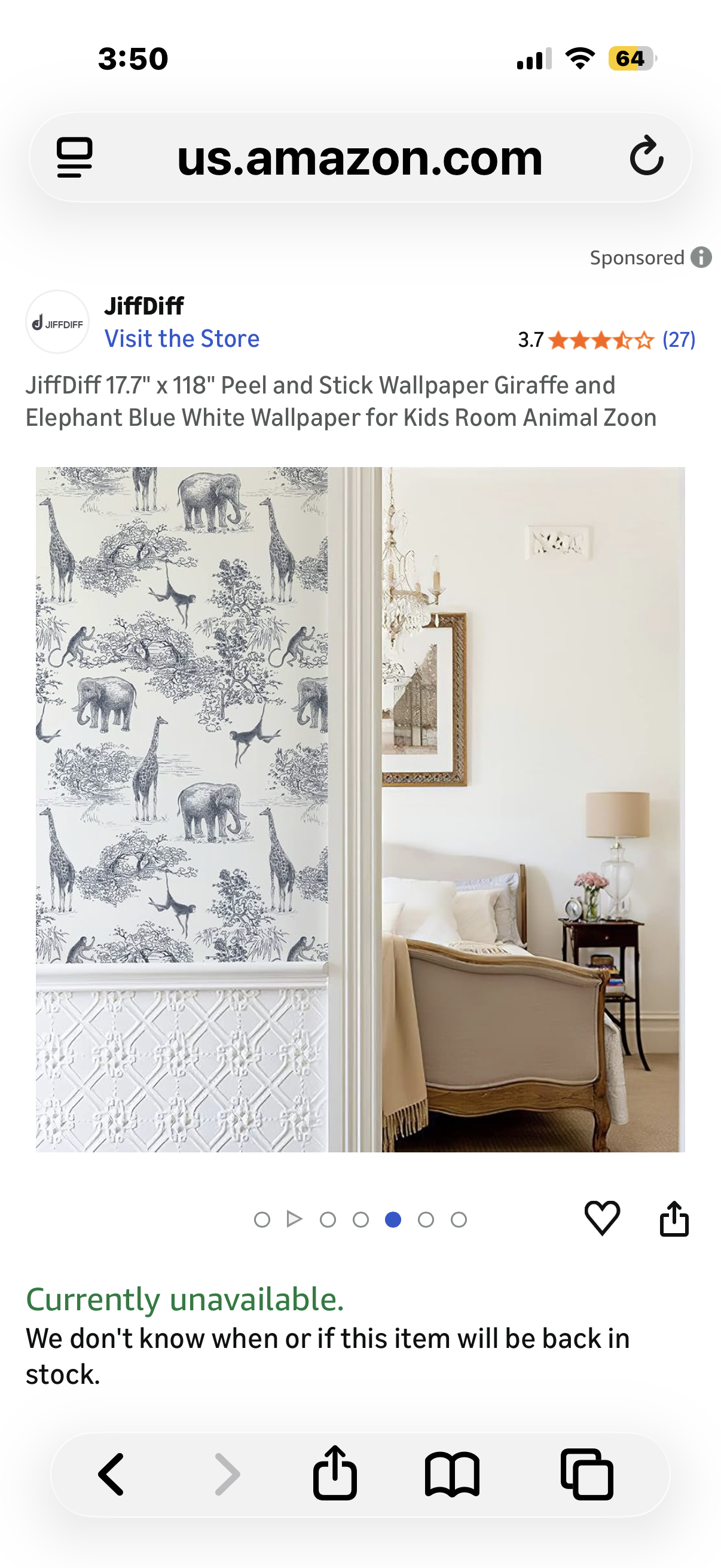 JiffDiff 17.7" x 118" Peel and Stick Wallpaper Giraffe and Elephant Blue White Wallpaper for Kids Room Animal Zoon