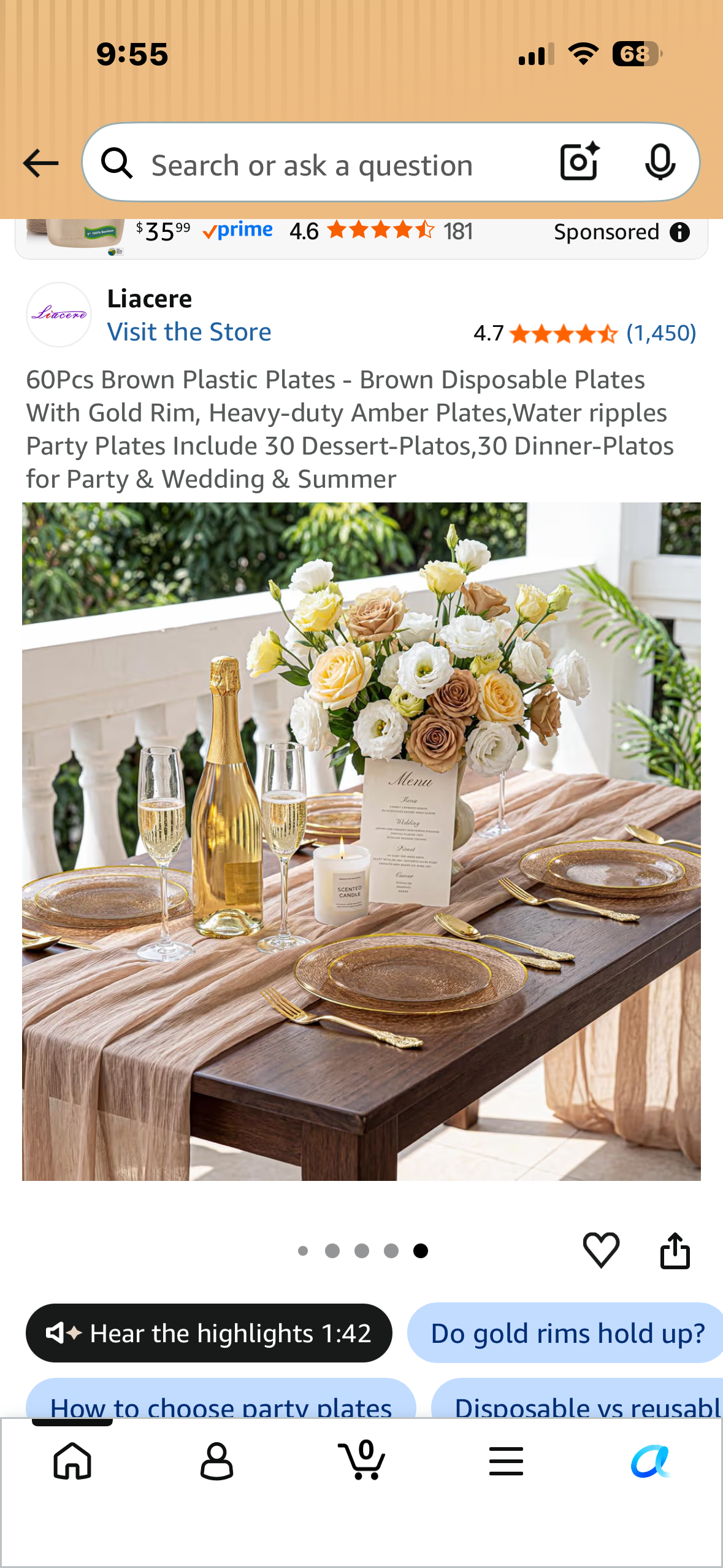60Pcs Disposable Plates Amber With Gold Rim, Heavy-duty Amber Plates, Decorative Water Ripples Party Plates, Includes 30 Dessert-Platos, 30 Dinner-Plates