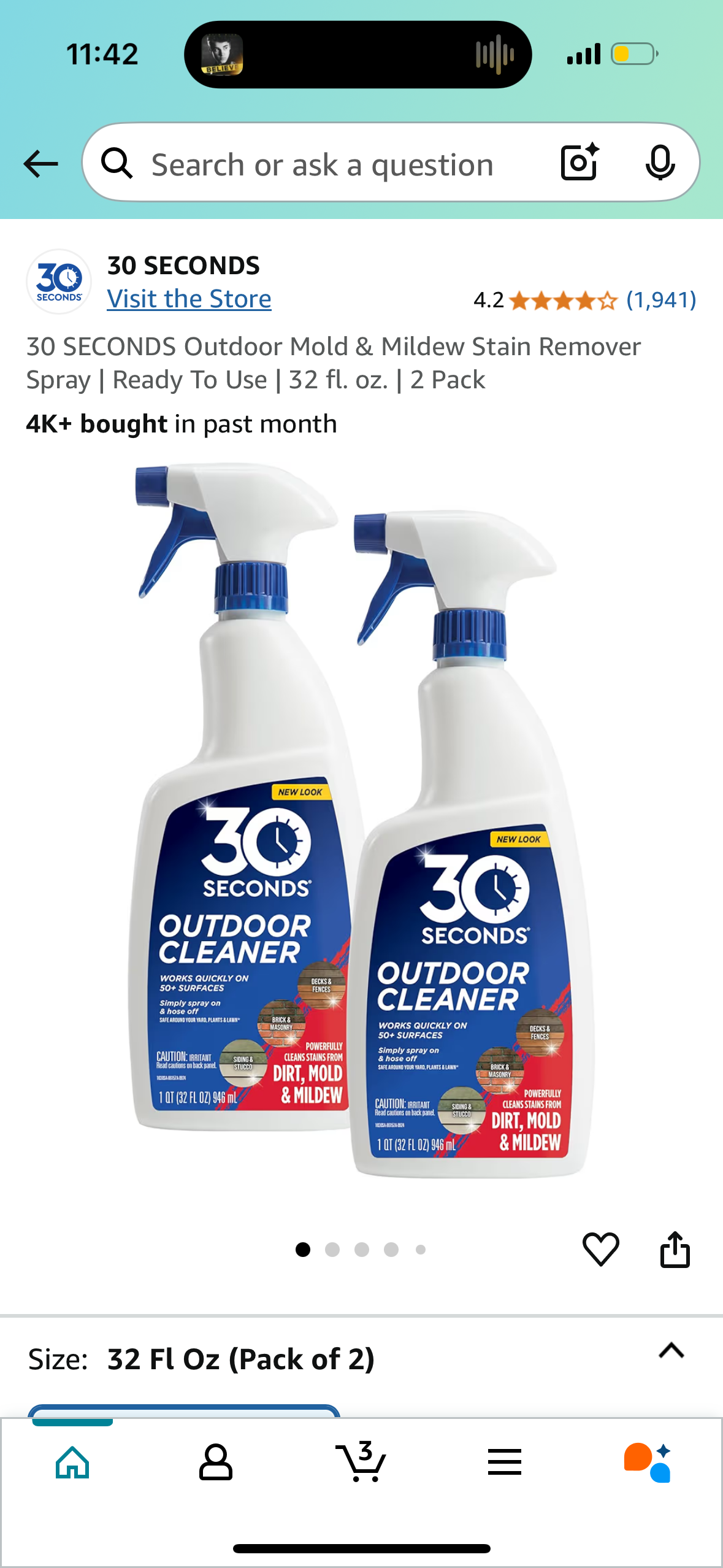 30 SECONDS Outdoor Mold & Mildew Stain Remover Spray | Ready To Use | 32 fl. oz. | 2 Pack