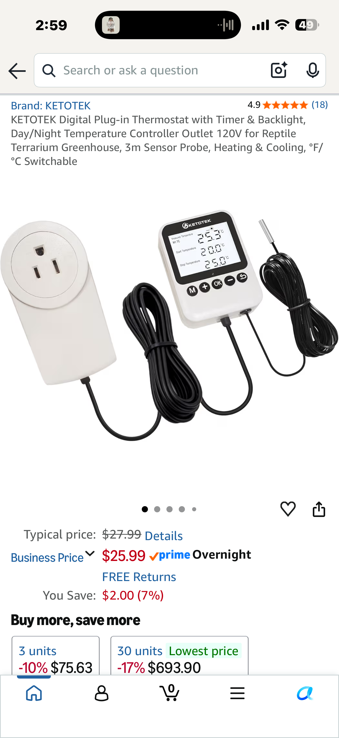 KETOTEK Digital Plug-in Thermostat with Timer & Backlight, Day/Night Temperature Controller Outlet 120V for Reptile Terrarium Greenhouse, 3m Sensor Probe, Heating & Cooling, °F/°C Switchable