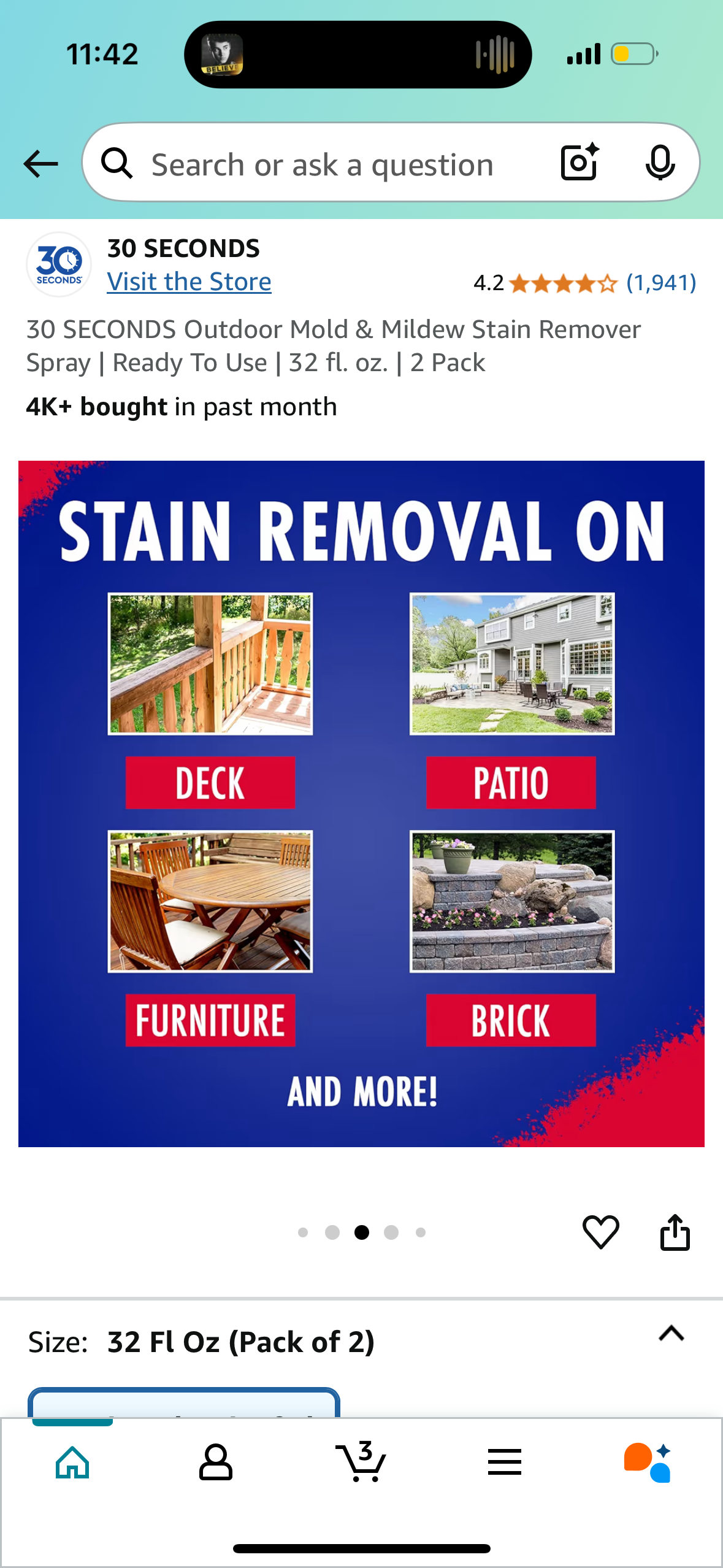 30 SECONDS Outdoor Mold & Mildew Stain Remover Spray | Ready To Use | 32 fl. oz. | 2 Pack