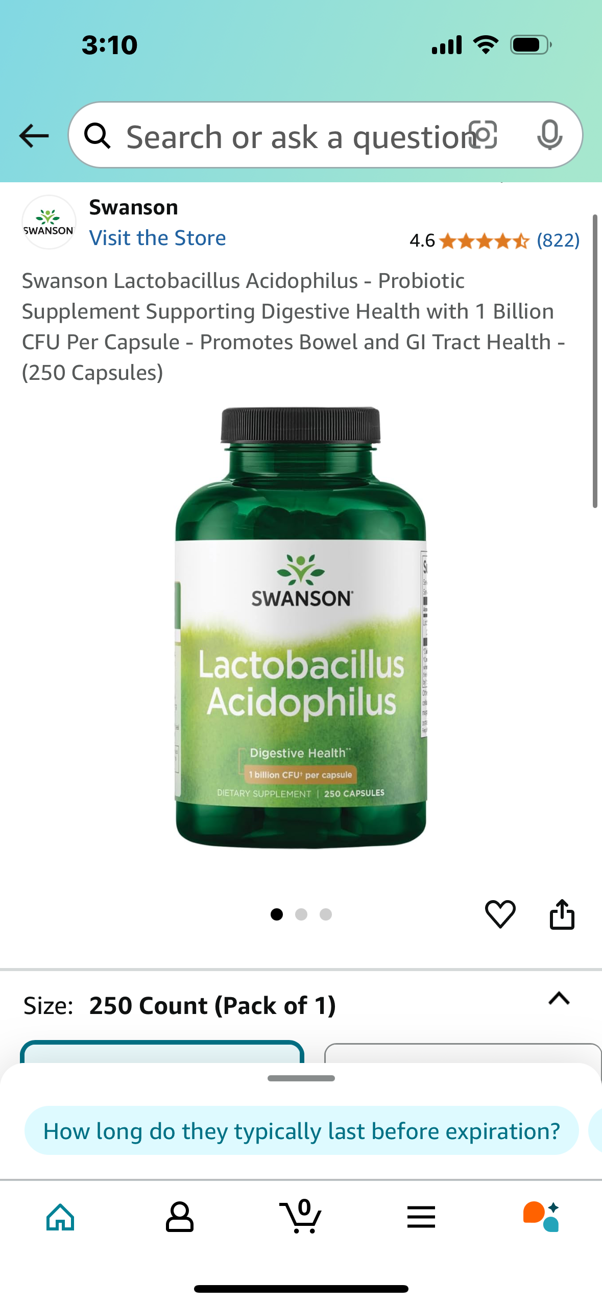 Swanson Lactobacillus Acidophilus - Probiotic Supplement Supporting Digestive Health with 1 Billion CFU Per Capsule - Promotes Bowel and GI Tract Health - (250 Capsules)