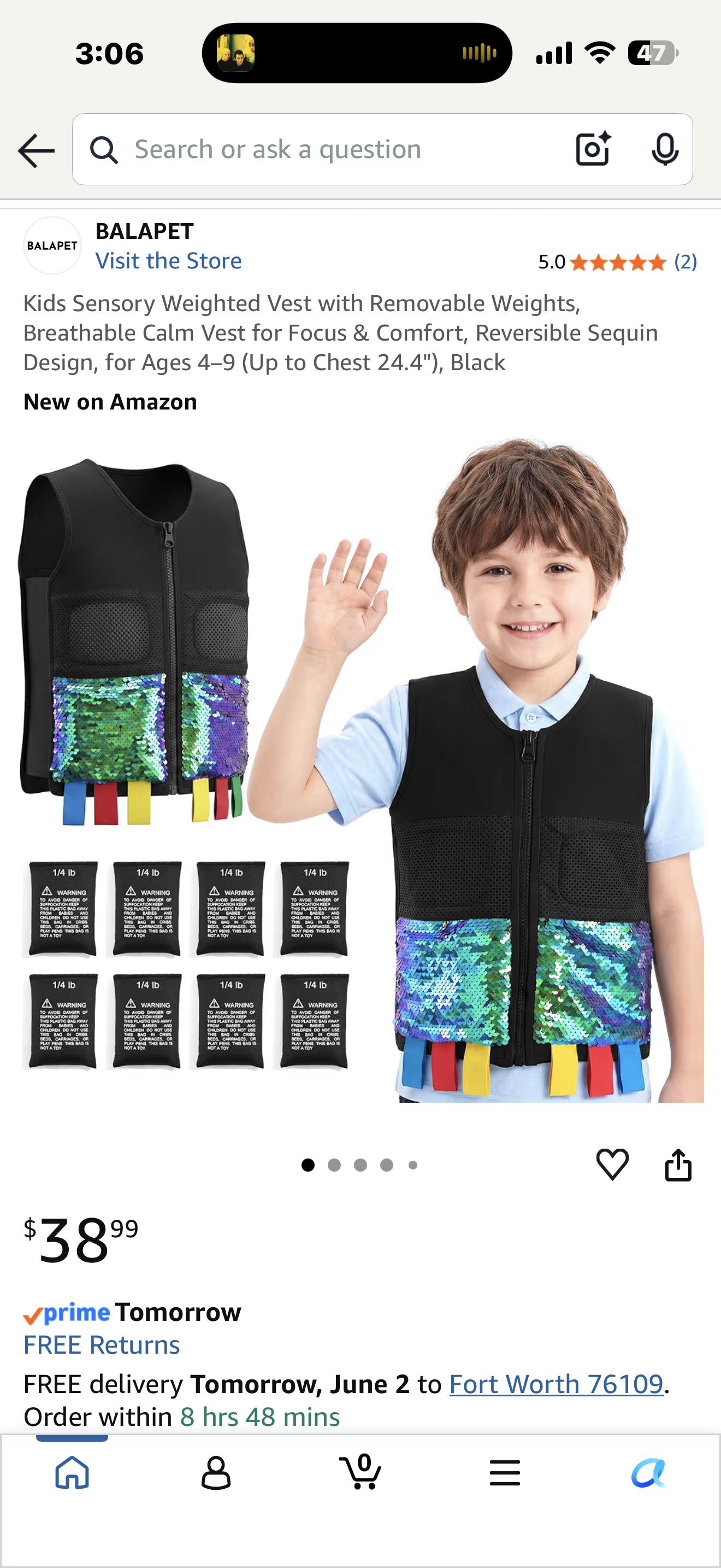 Kids Sensory Weighted Vest with Removable Weights, Breathable Calm Vest for Focus & Comfort, Reversible Sequin Design, for Ages 4–9 (Up to Chest 24.4"), Black