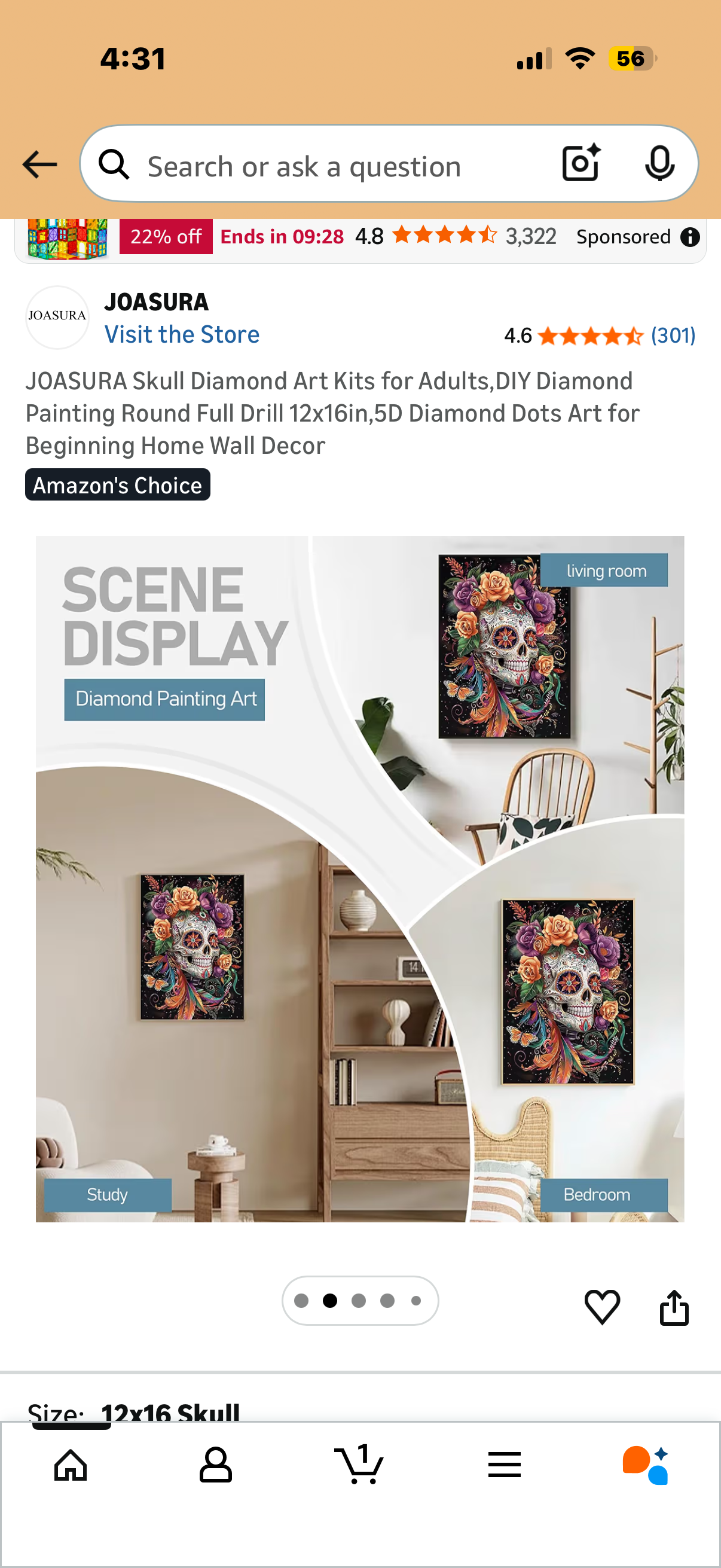 JOASURA Skull Diamond Art Kits for Adults,DIY Diamond Painting Round Full Drill 12x16in,5D Diamond Dots Art for Beginning Home Wall Decor