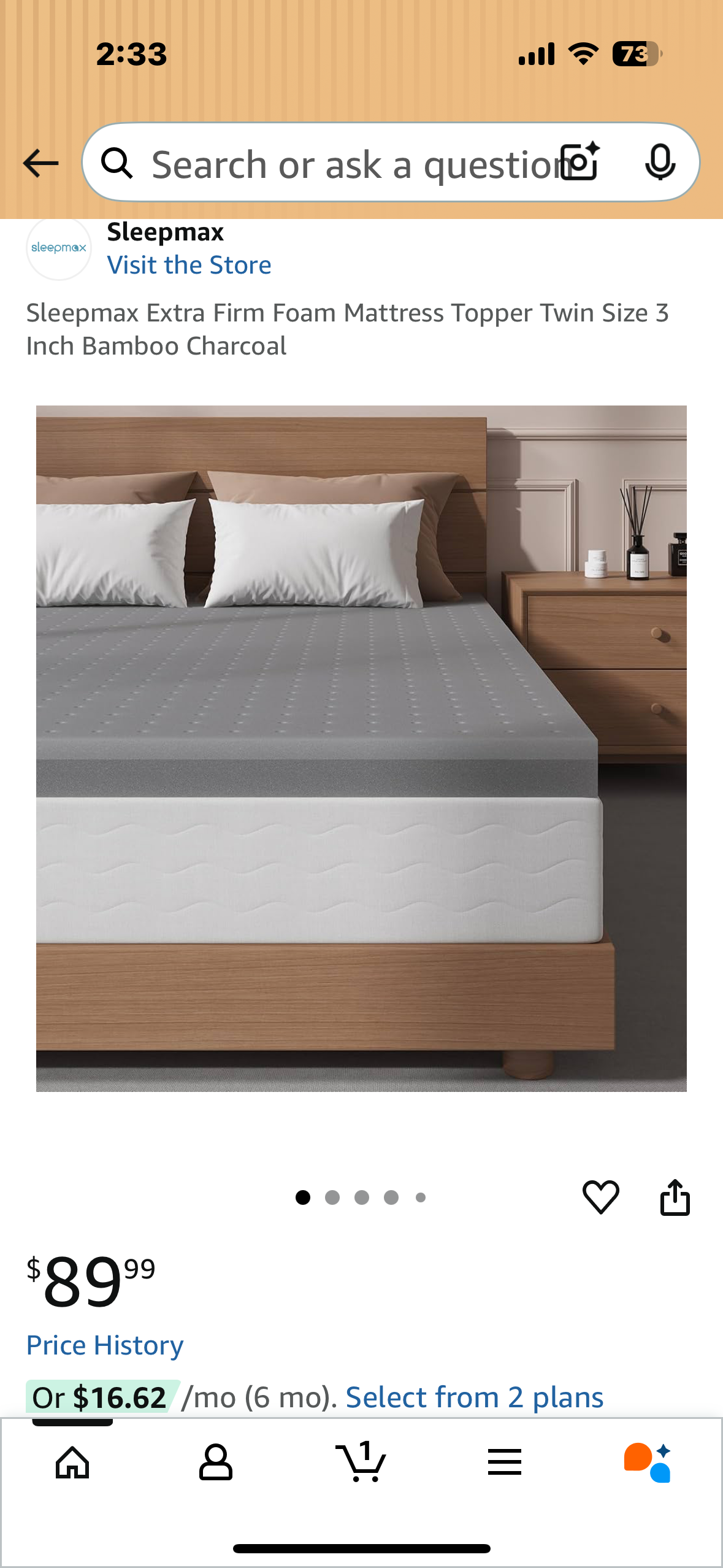 Sleepmax Twin Size Extra Firm Foam Mattress Topper 3” Bamboo Charcoal (B1101)