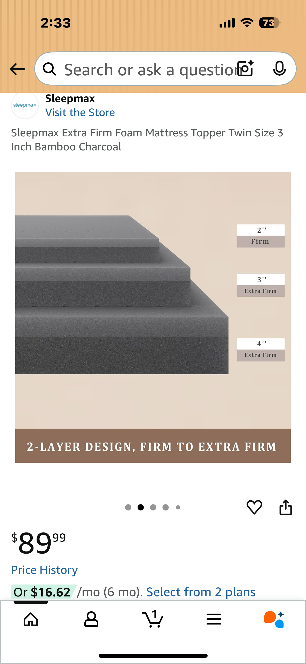 Sleepmax Twin Size Extra Firm Foam Mattress Topper 3” Bamboo Charcoal (B1101)