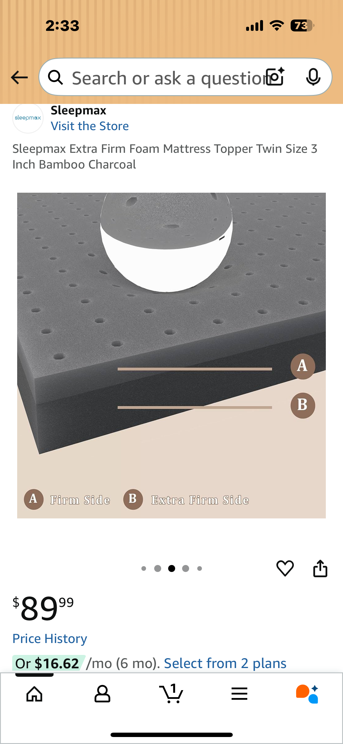 Sleepmax Twin Size Extra Firm Foam Mattress Topper 3” Bamboo Charcoal (B1101)