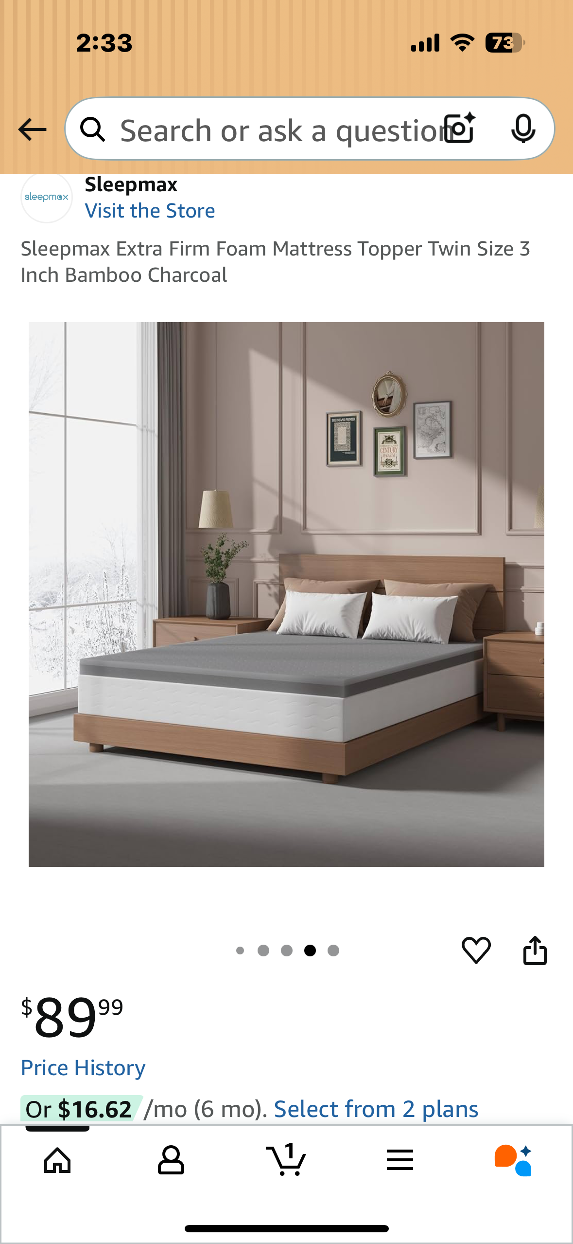 Sleepmax Twin Size Extra Firm Foam Mattress Topper 3” Bamboo Charcoal (B1101)