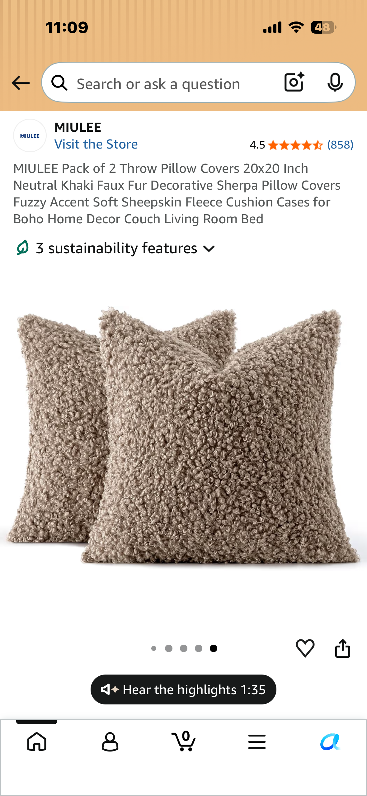 MIULEE Pack of 2 Throw Pillow Covers, 20x20 Inch Neutral Khaki Faux Fur, Decorative Sherpa Pillow Covers, Fuzzy Accent Soft Sheepskin Fleece Cushion Cases for Boho Home Decor, Couch, Living Room, Bed