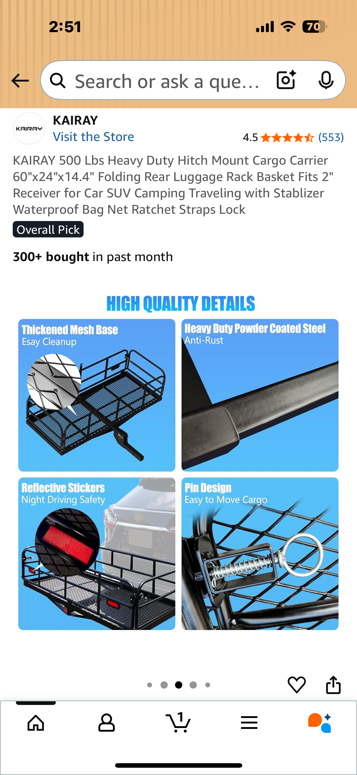 KAIRAY 500 Lbs Heavy Duty Hitch Mount Cargo Carrier, 60"x24"x14.4" Folding Rear Luggage Rack Basket, Fits 2" Receiver for Car, SUV, Camping Traveling with Stabilizer,Waterproof Bag, Net Ratchet Straps, Lock (G870)