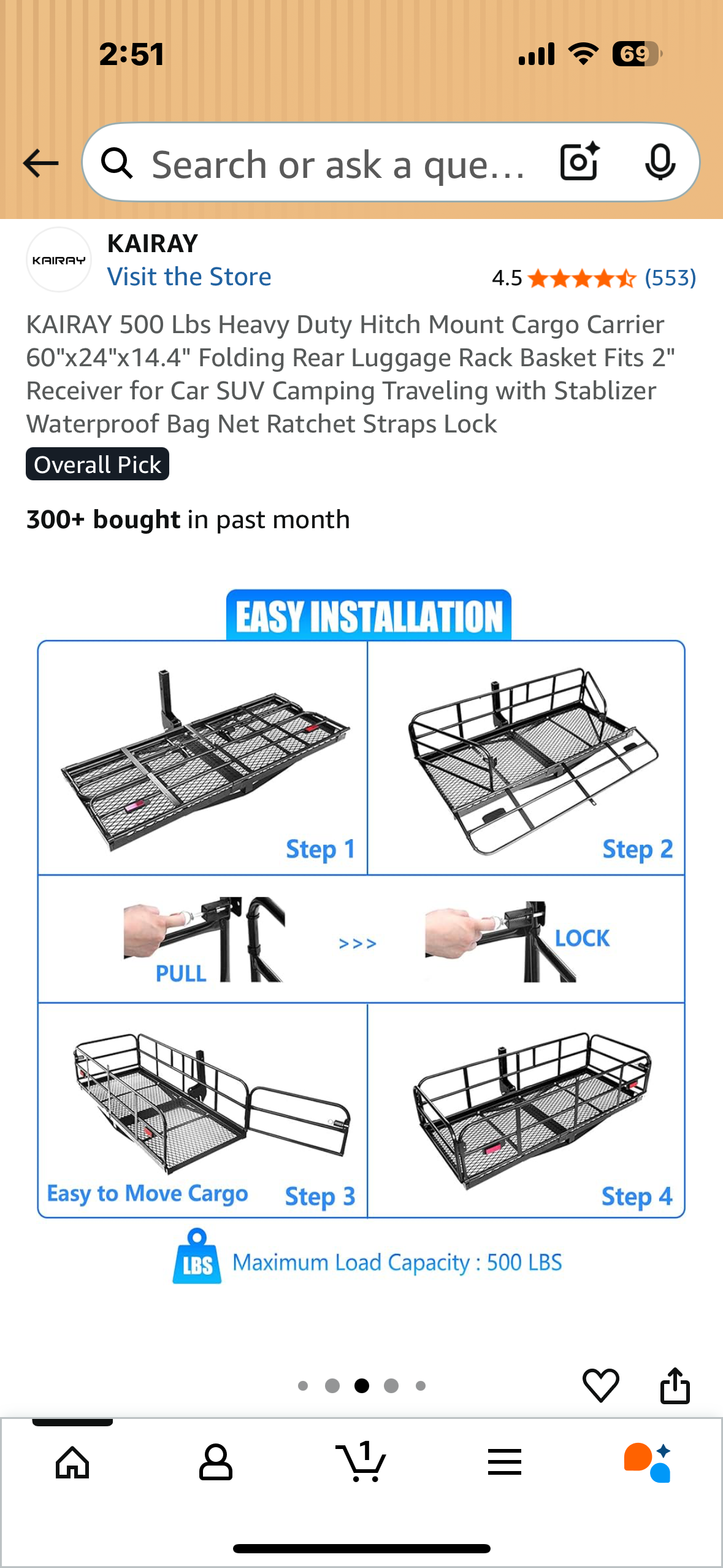 KAIRAY 500 Lbs Heavy Duty Hitch Mount Cargo Carrier, 60"x24"x14.4" Folding Rear Luggage Rack Basket, Fits 2" Receiver for Car, SUV, Camping Traveling with Stabilizer,Waterproof Bag, Net Ratchet Straps, Lock (G870)