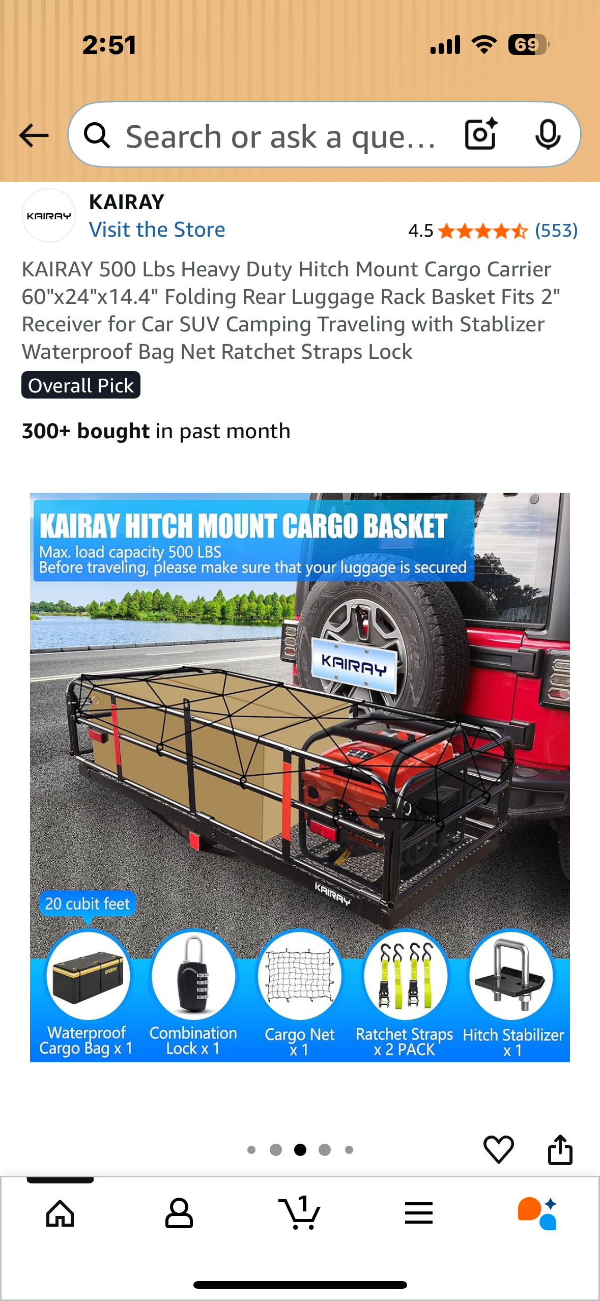 KAIRAY 500 Lbs Heavy Duty Hitch Mount Cargo Carrier, 60"x24"x14.4" Folding Rear Luggage Rack Basket, Fits 2" Receiver for Car, SUV, Camping Traveling with Stabilizer,Waterproof Bag, Net Ratchet Straps, Lock (G870)