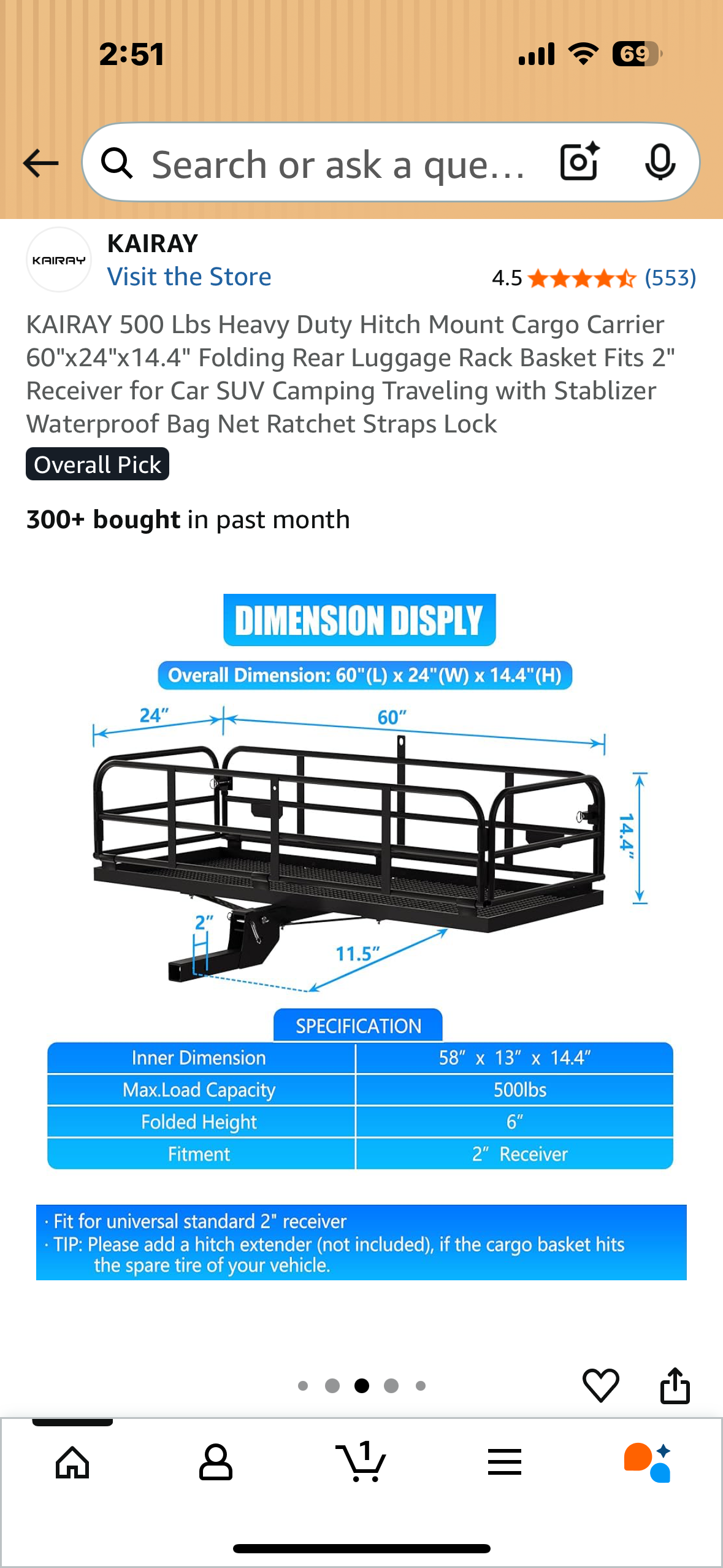 KAIRAY 500 Lbs Heavy Duty Hitch Mount Cargo Carrier, 60"x24"x14.4" Folding Rear Luggage Rack Basket, Fits 2" Receiver for Car, SUV, Camping Traveling with Stabilizer,Waterproof Bag, Net Ratchet Straps, Lock (G870)