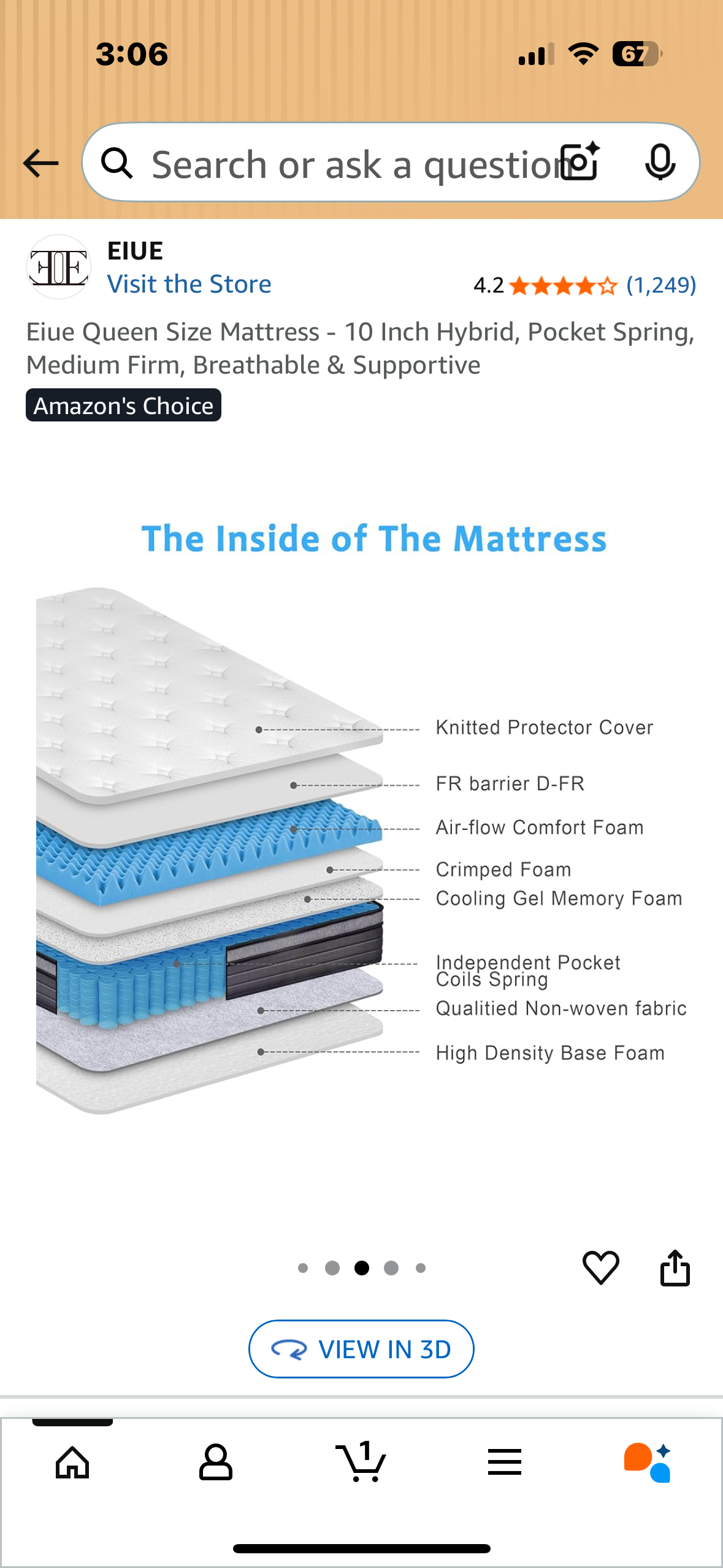 Eiue Queen Size Mattress, 10” Hybrid, Pocket Spring, Medium Firm, Breathable & Supportive (B1102)