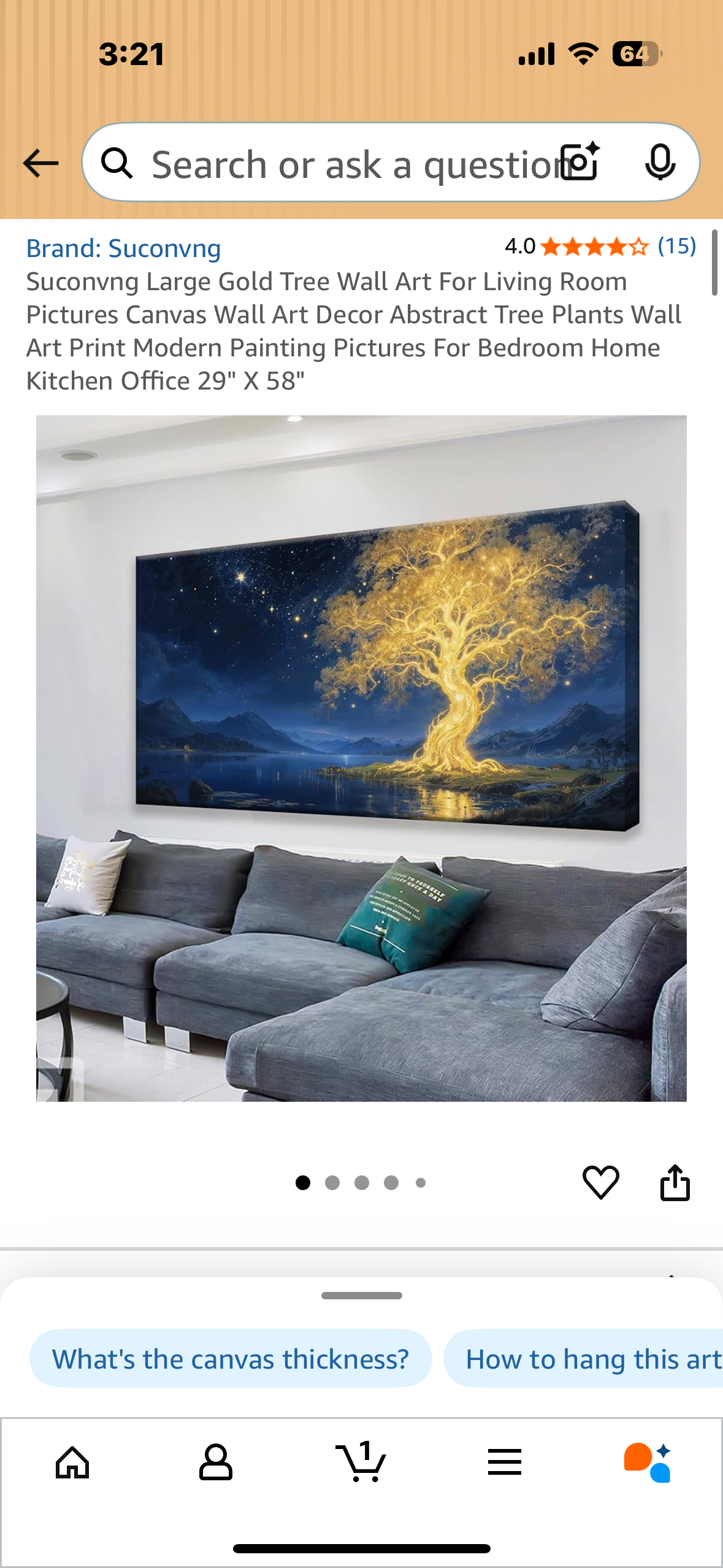 Large Gold Tree of Life Canvas For, Abstract Art Decor, For Bedroom Home or Office 29" X 58" (L1031)
