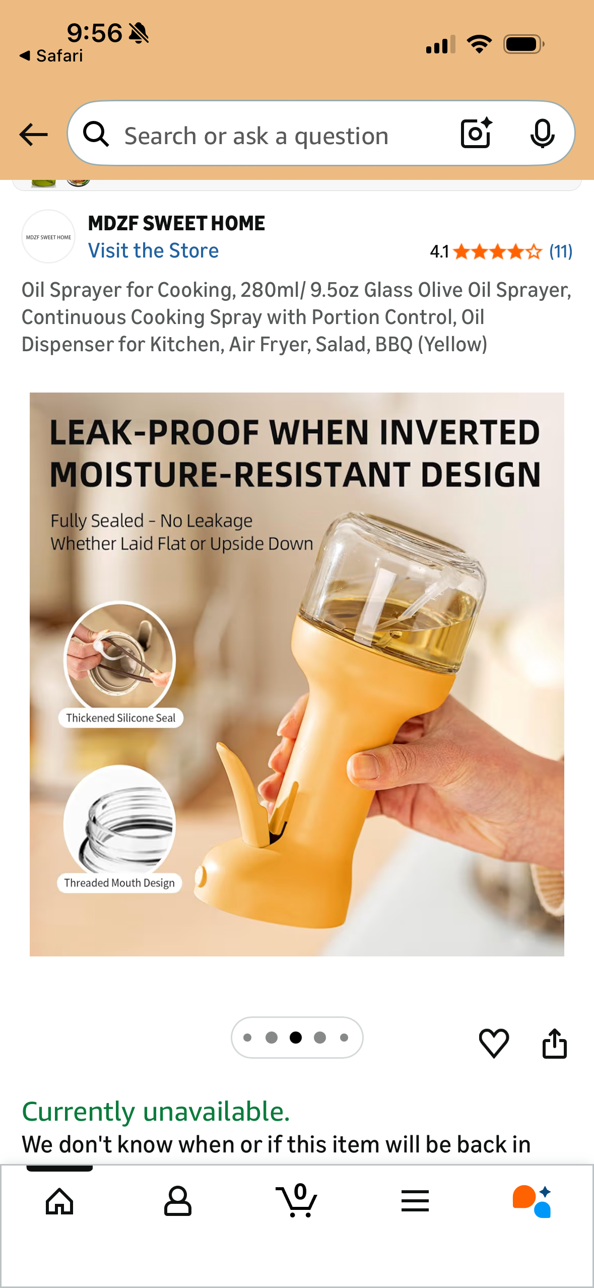 Oil Sprayer for Cooking, 280ml/ 9.5oz Glass Olive Oil Sprayer, Continuous Cooking Spray with Portion Control, Oil Dispenser for Kitchen, Air Fryer, Salad, BBQ (Yellow)