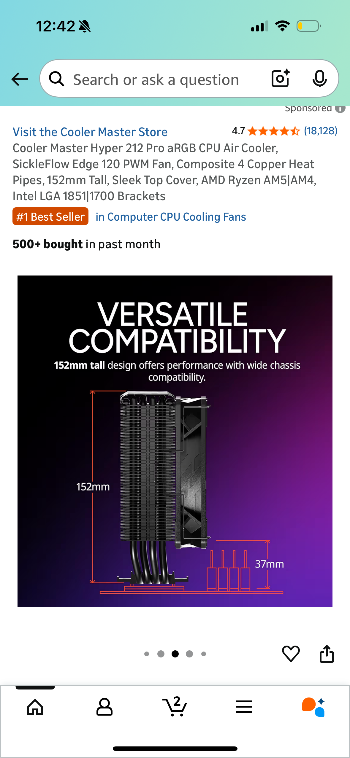 Cooler Master Hyper 212 Pro aRGB CPU Air Cooler, SickleFlow Edge 120 PWM Fan, Composite 4 Copper Heat Pipes, 152mm Tall, Sleek Top Cover, AMD Ryzen AM5|AM4, Intel LGA 1851|1700 Brackets