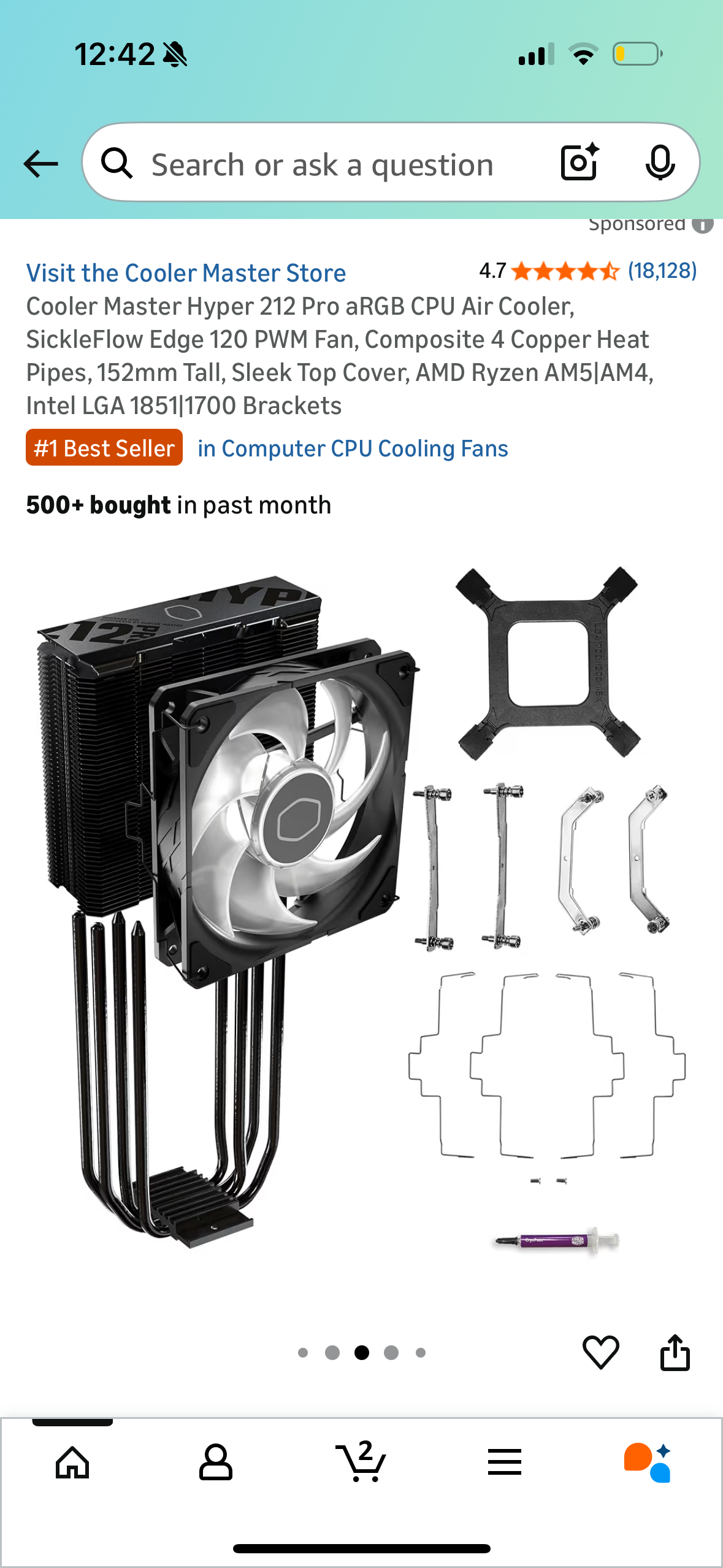 Cooler Master Hyper 212 Pro aRGB CPU Air Cooler, SickleFlow Edge 120 PWM Fan, Composite 4 Copper Heat Pipes, 152mm Tall, Sleek Top Cover, AMD Ryzen AM5|AM4, Intel LGA 1851|1700 Brackets