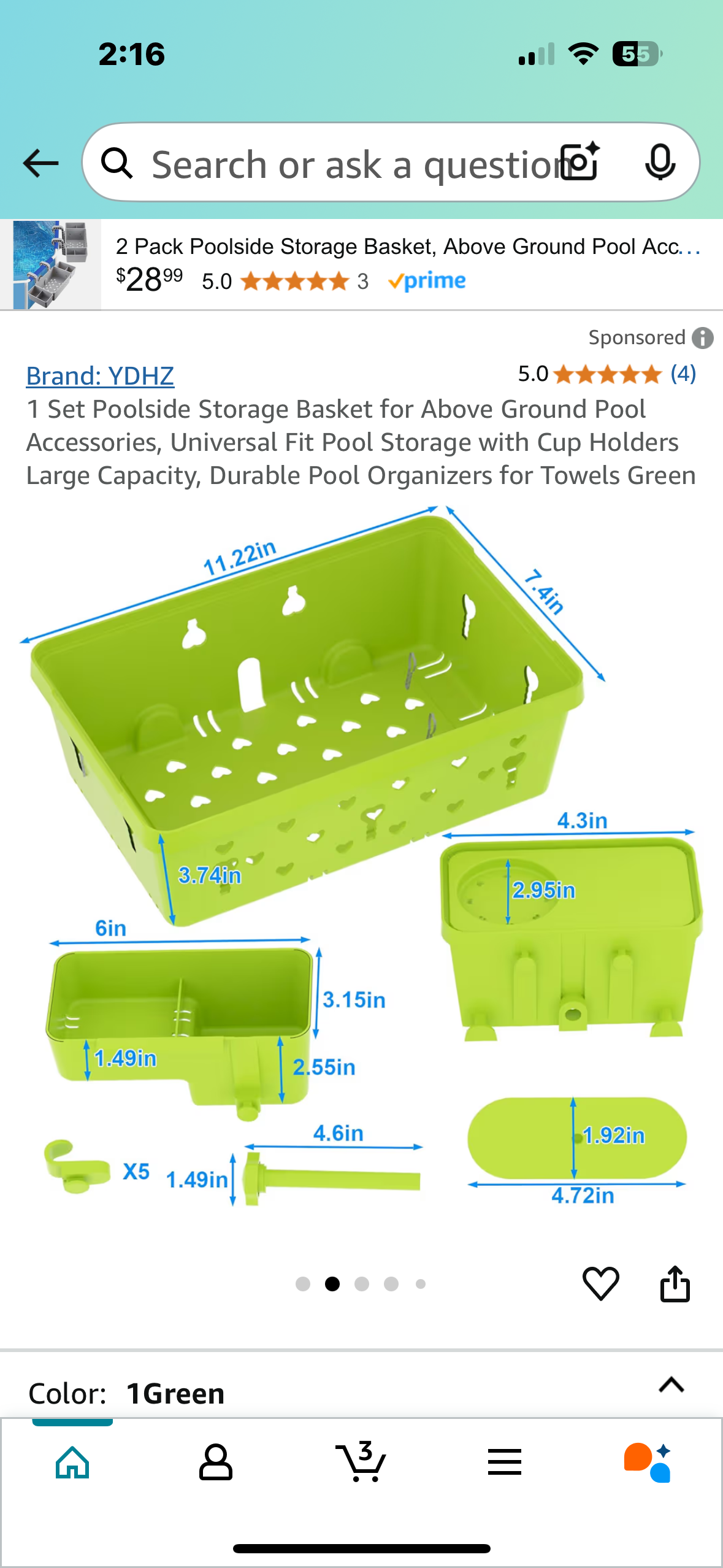 1 Set Poolside Storage Basket for Above Ground Pool Accessories, Universal Fit Pool Storage with Cup Holders Large Capacity, Durable Pool Organizers for Towels Green