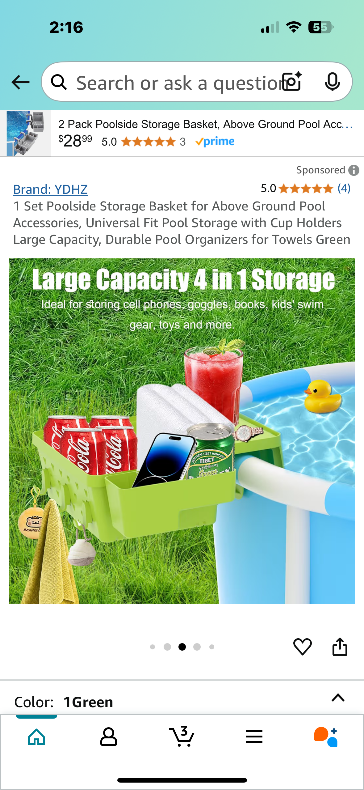 1 Set Poolside Storage Basket for Above Ground Pool Accessories, Universal Fit Pool Storage with Cup Holders Large Capacity, Durable Pool Organizers for Towels Green