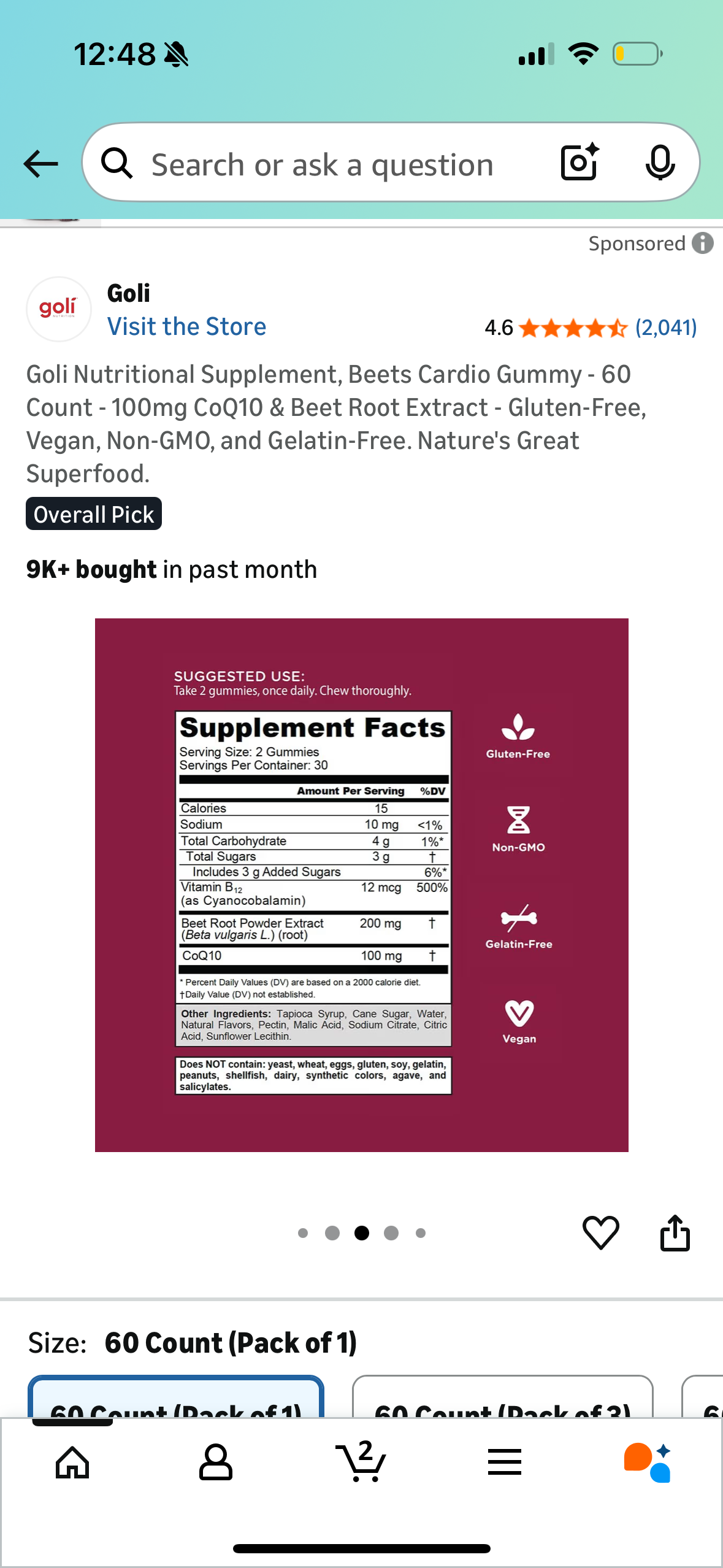 Goli Nutritional Supplement, Beets Cardio Gummy - 60 Count - 100mg CoQ10 & Beet Root Extract - Gluten-Free, Vegan, Non-GMO, and Gelatin-Free. Nature's Great Superfood.