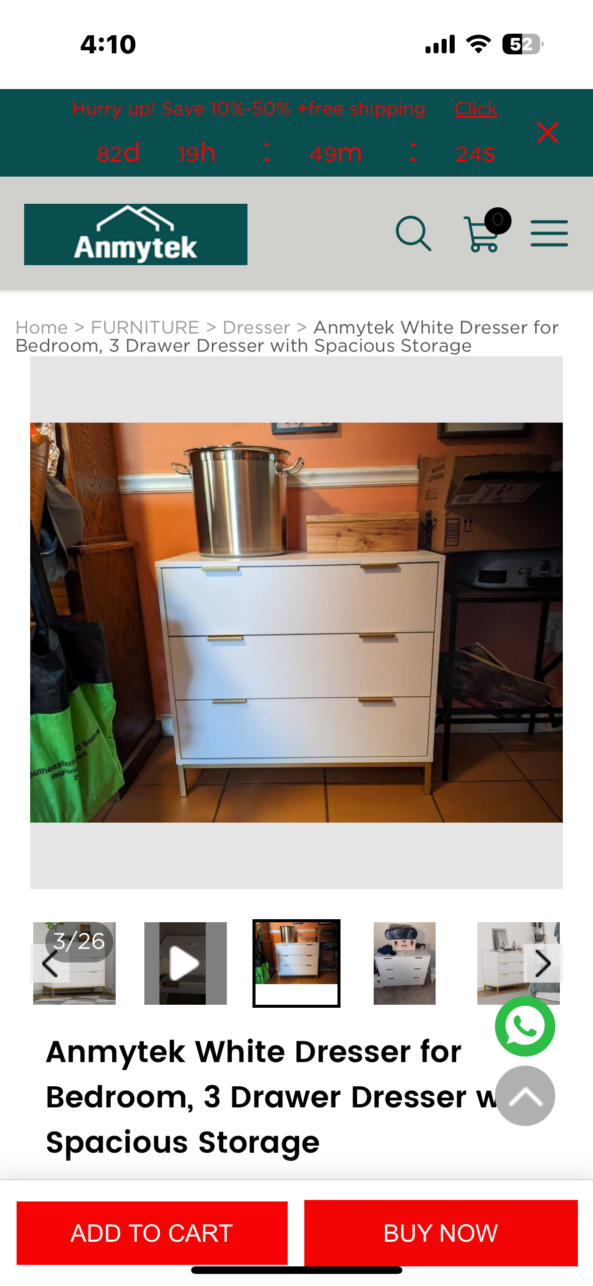 Anmytek White Dresser, 3 Drawer Dresser with Spacious Storage, Modern Chest of Drawers for Bedroom, Living Room, Hallway (B1104)