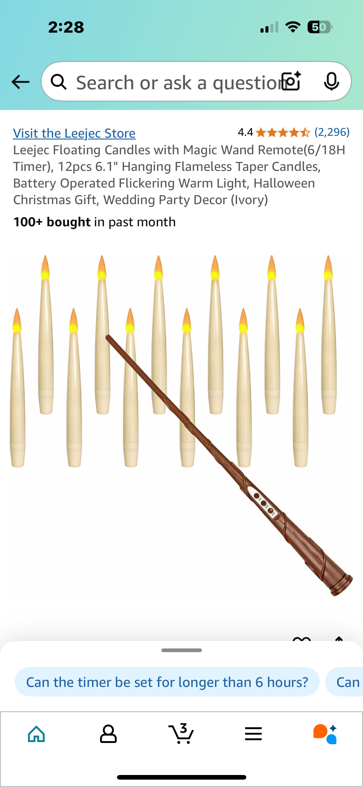 Leejec Floating Candles with Magic Wand Remote(6/18H Timer), 12pcs 6.1" Hanging Flameless Taper Candles, Battery Operated Flickering Warm Light, Halloween Christmas Gift, Wedding Party Decor (Ivory