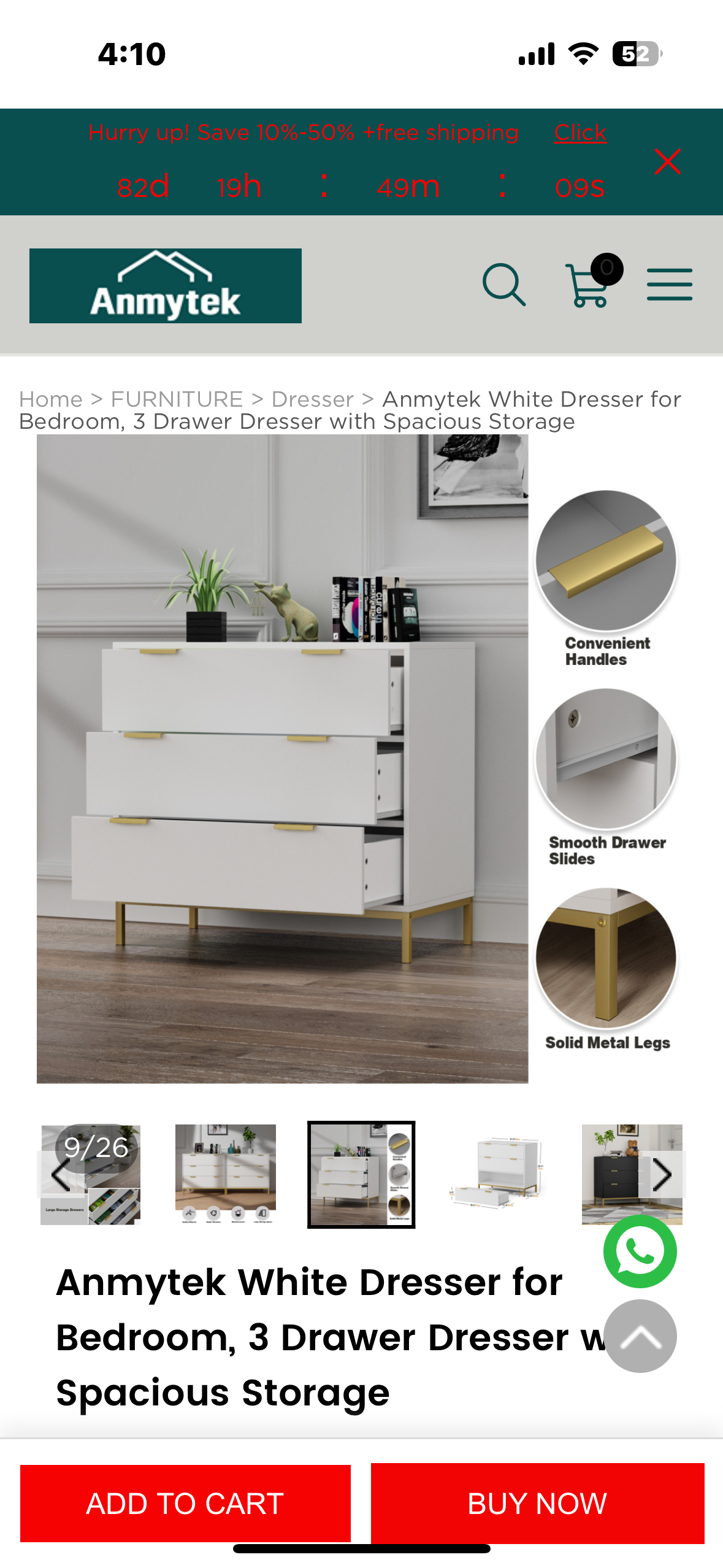 Anmytek White Dresser, 3 Drawer Dresser with Spacious Storage, Modern Chest of Drawers for Bedroom, Living Room, Hallway (B1104)