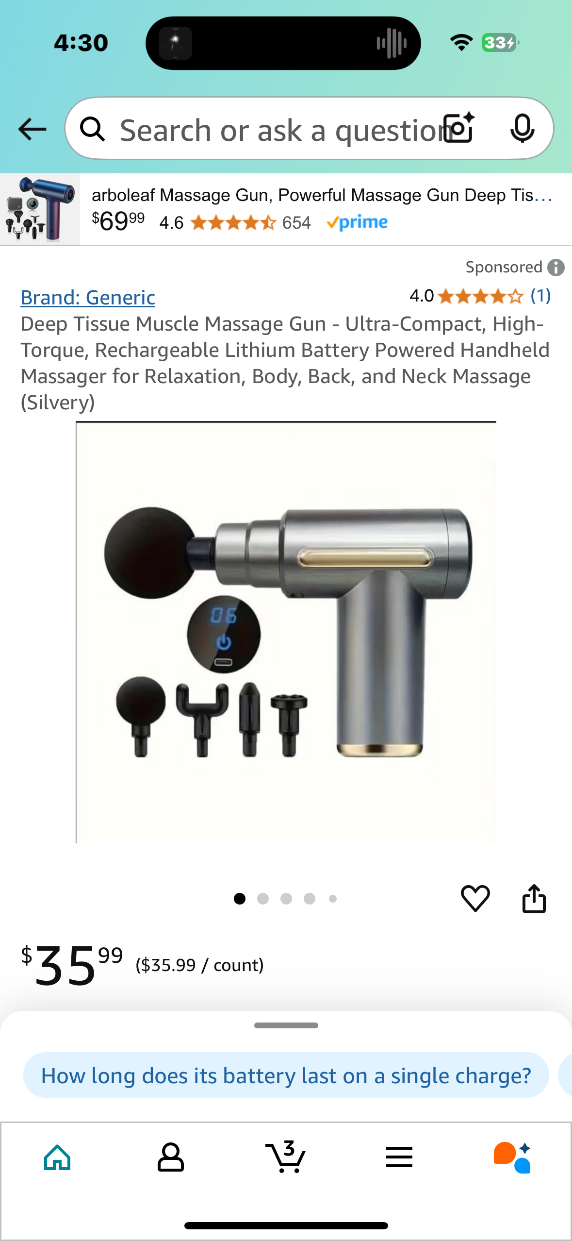 Deep Tissue Muscle Massage Gun - Ultra-Compact, High-Torque, Rechargeable Lithium Battery Powered Handheld Massager for Relaxation, Body, Back, and Neck Massage (Silvery