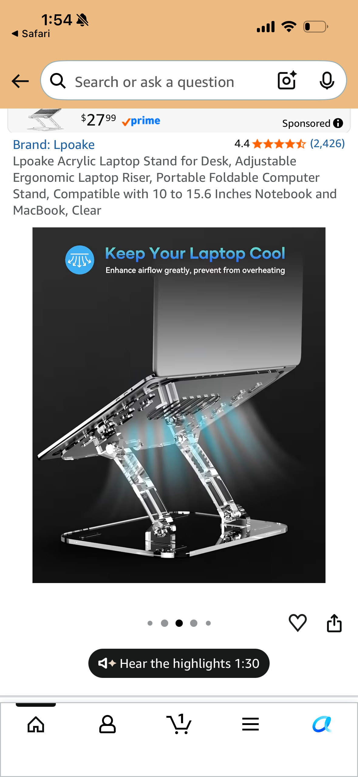 Lpoake Acrylic Laptop Stand for Desk, Adjustable Ergonomic Laptop Riser, Portable Foldable Computer Stand, Compatible with 10 to 15.6 Inches Notebook and MacBook, Clear