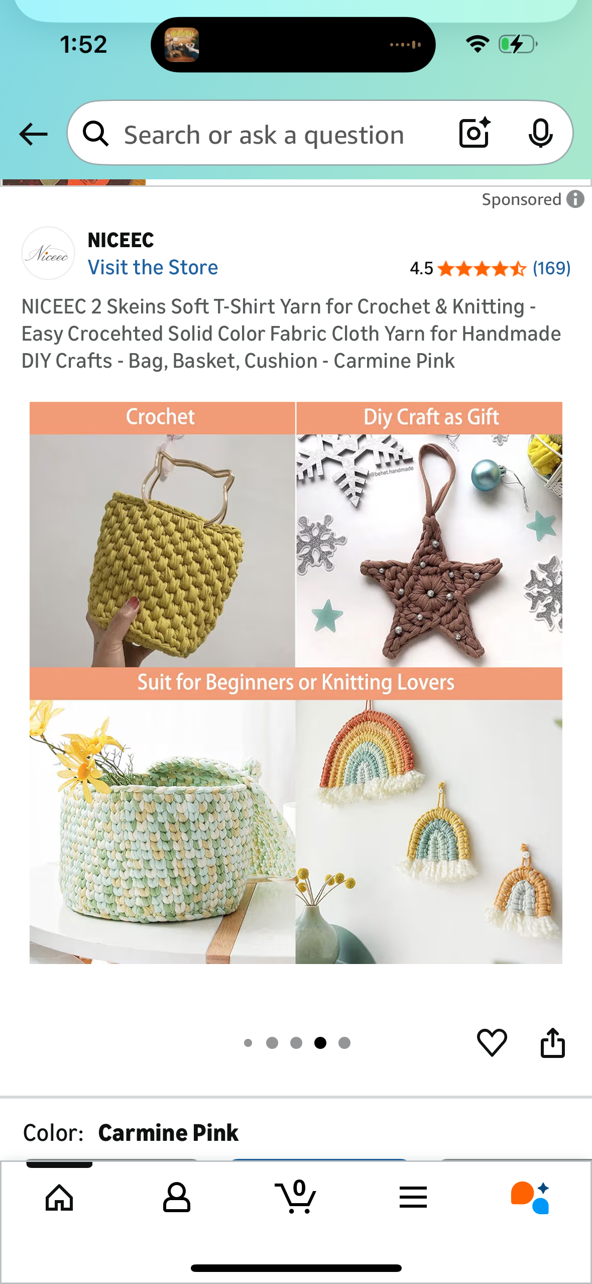 NICEEC 2 Skeins Soft T-Shirt Yarn for Crochet & Knitting -Easy Crocehted Solid Color Fabric Cloth Yarn for Handmade DIY Crafts - Bag, Basket, Cushion - Carmine Pink