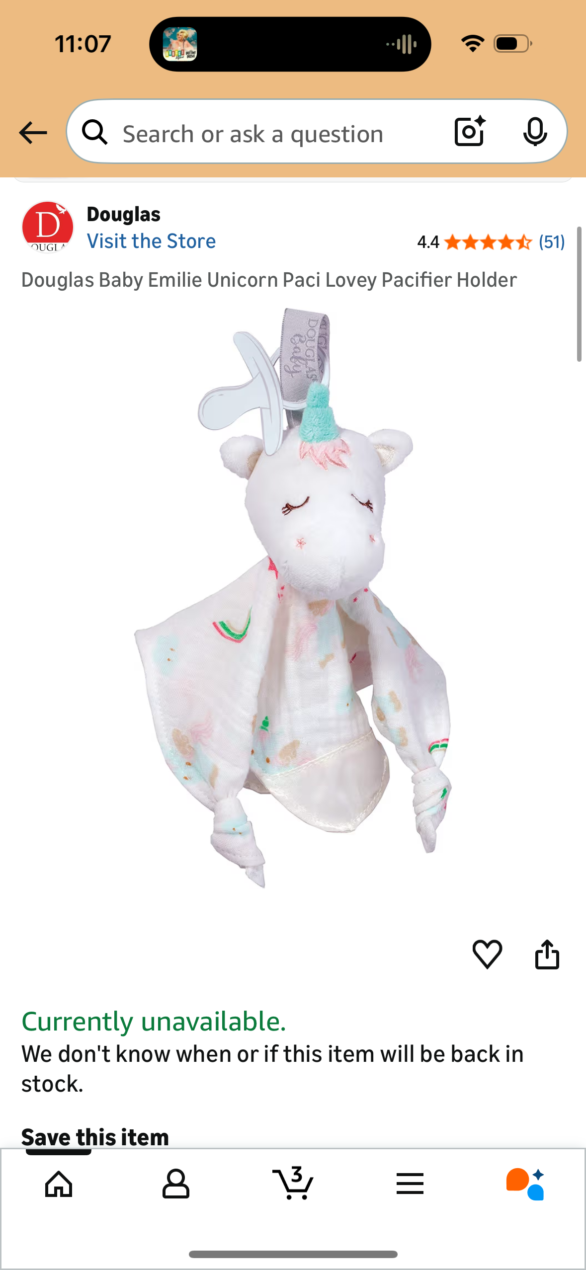 Douglas Baby Emilie Unicorn Paci Lovey Pacifier Holder