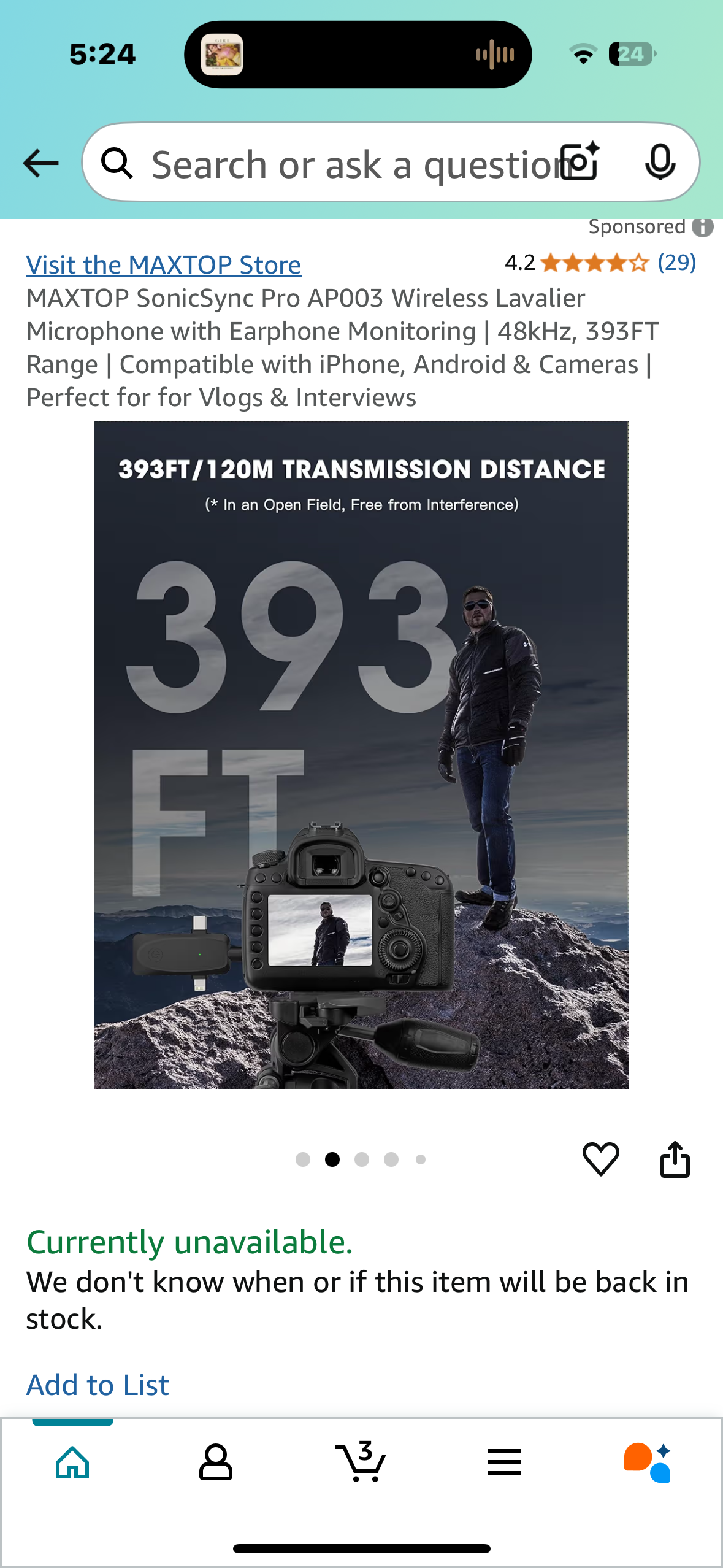 MAXTOP SonicSync Pro AP003 Wireless Lavalier Microphone with Earphone Monitoring | 48kHz, 393FT Range | Compatible with iPhone, Android & Cameras | Perfect for for Vlogs & Interviews