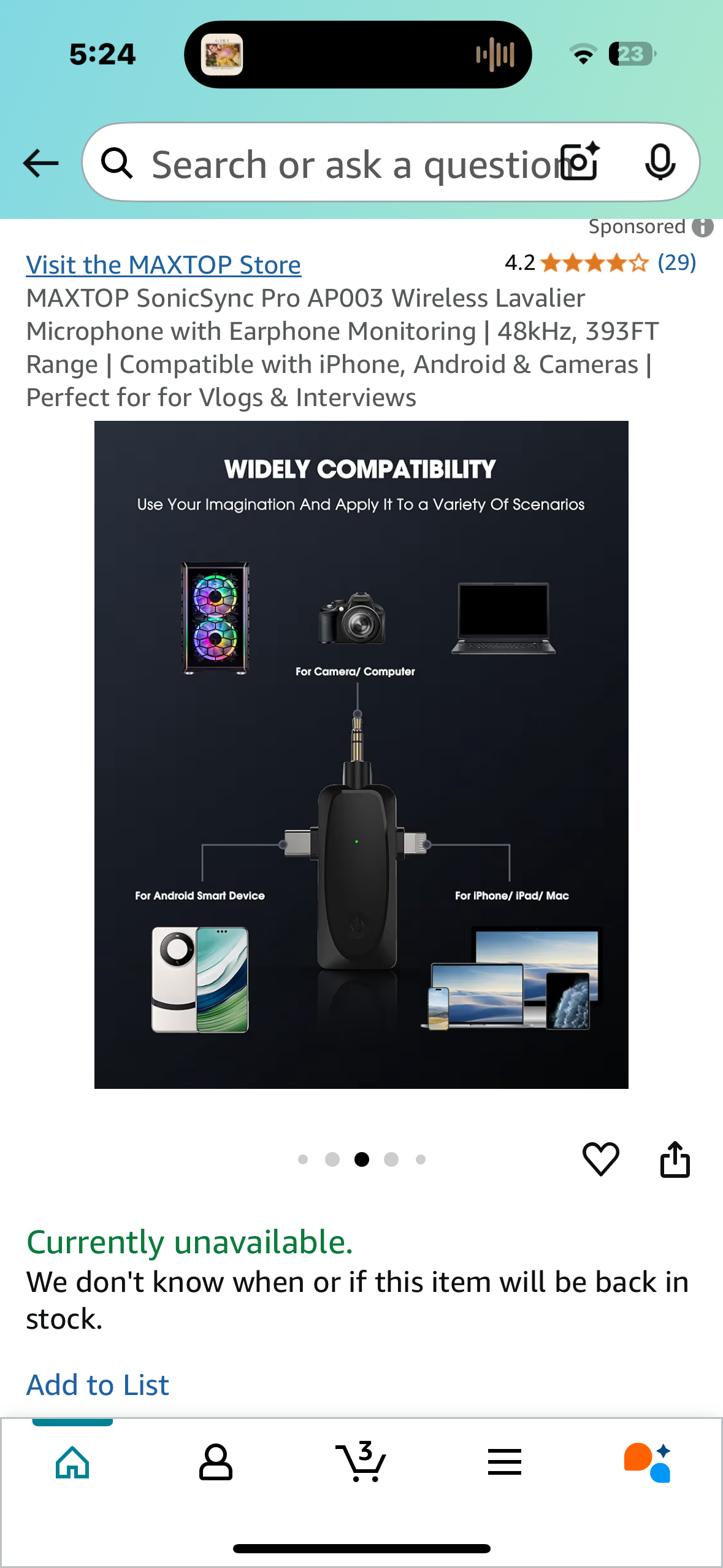 MAXTOP SonicSync Pro AP003 Wireless Lavalier Microphone with Earphone Monitoring | 48kHz, 393FT Range | Compatible with iPhone, Android & Cameras | Perfect for for Vlogs & Interviews