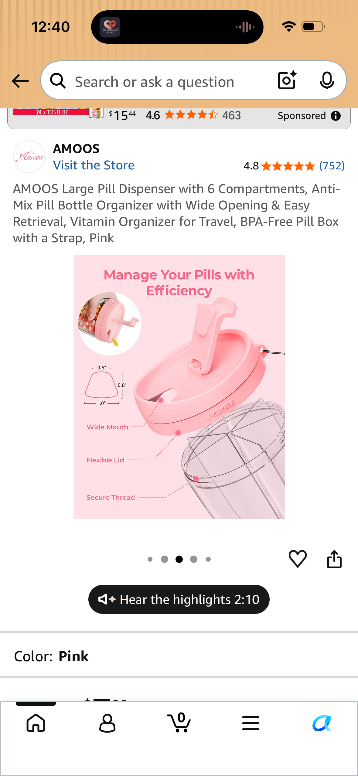 AMOOS Large Pill Dispenser with 6 Compartments, Anti-Mix Pill Bottle Organizer with Wide Opening & Easy Retrieval, Vitamin Organizer for Travel, BPA-Free Pill Box with a Strap, White