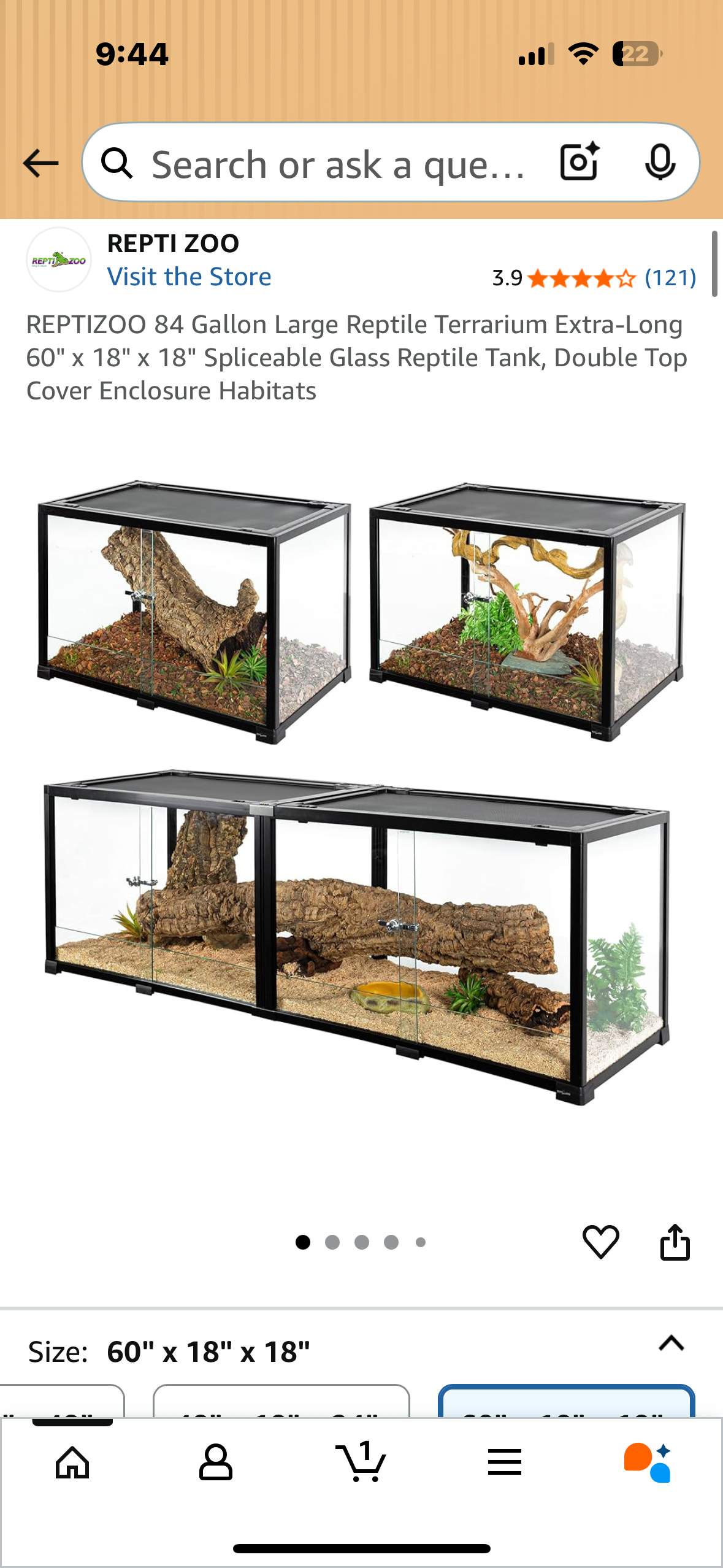 REPTIZOO 84 Gallon Large Reptile Terrarium Extra-Long 60" x 18" x 18" Spliceable Glass Reptile Tank, Double Top Cover Enclosure Habitats (R694)