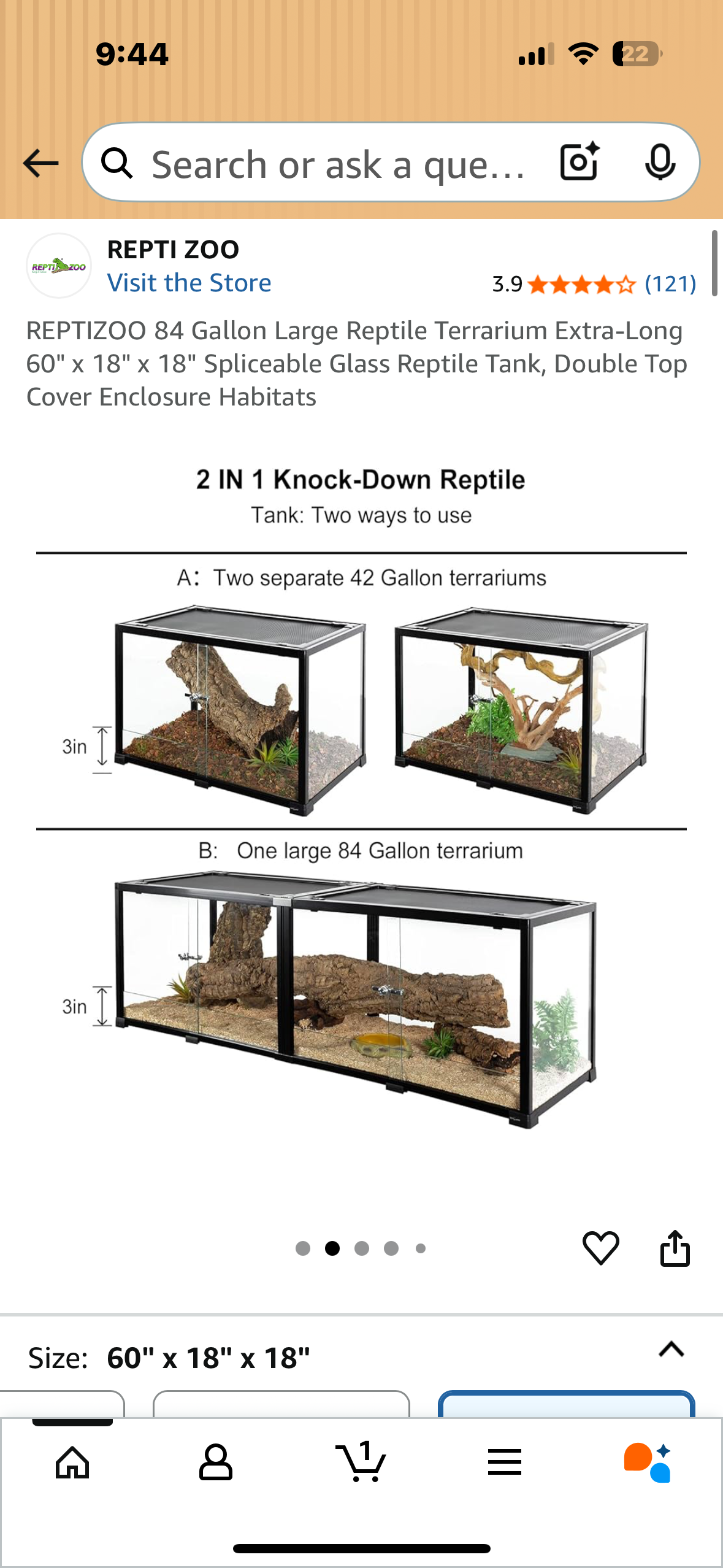 REPTIZOO 84 Gallon Large Reptile Terrarium Extra-Long 60" x 18" x 18" Spliceable Glass Reptile Tank, Double Top Cover Enclosure Habitats (R694)
