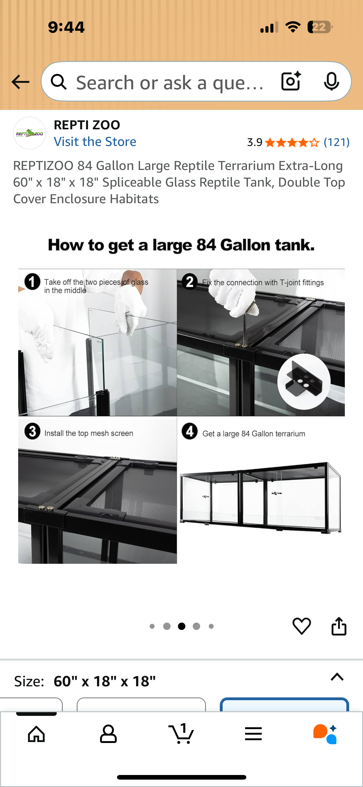 REPTIZOO 84 Gallon Large Reptile Terrarium Extra-Long 60" x 18" x 18" Spliceable Glass Reptile Tank, Double Top Cover Enclosure Habitats (R694)