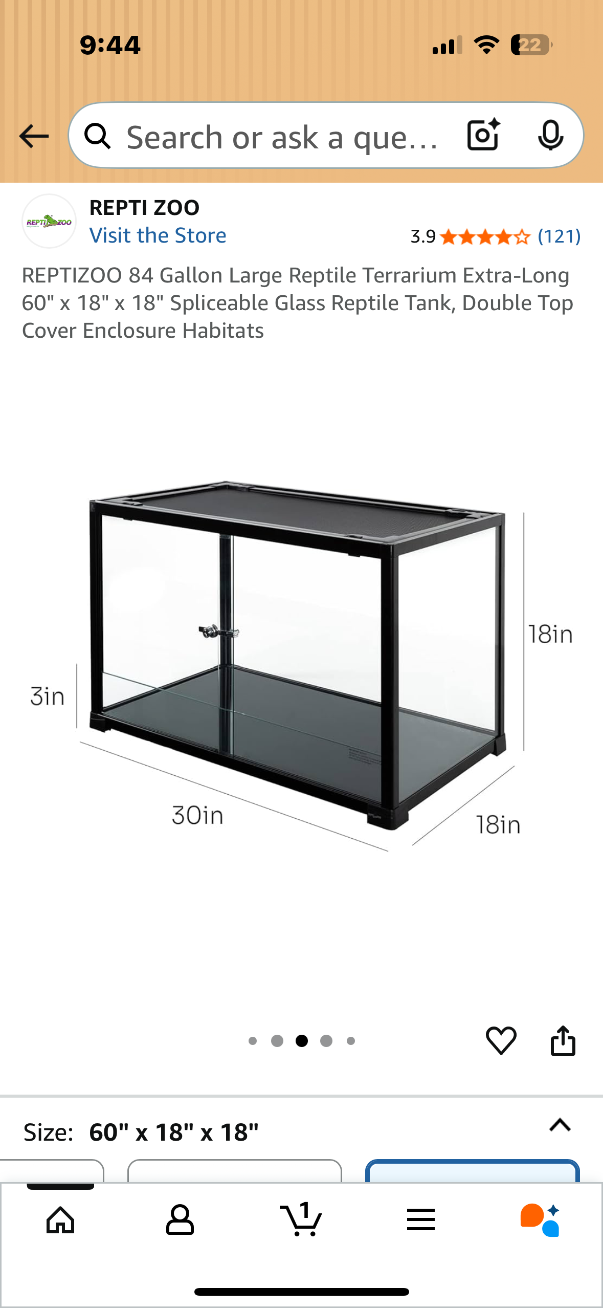 REPTIZOO 84 Gallon Large Reptile Terrarium Extra-Long 60" x 18" x 18" Spliceable Glass Reptile Tank, Double Top Cover Enclosure Habitats (R694)
