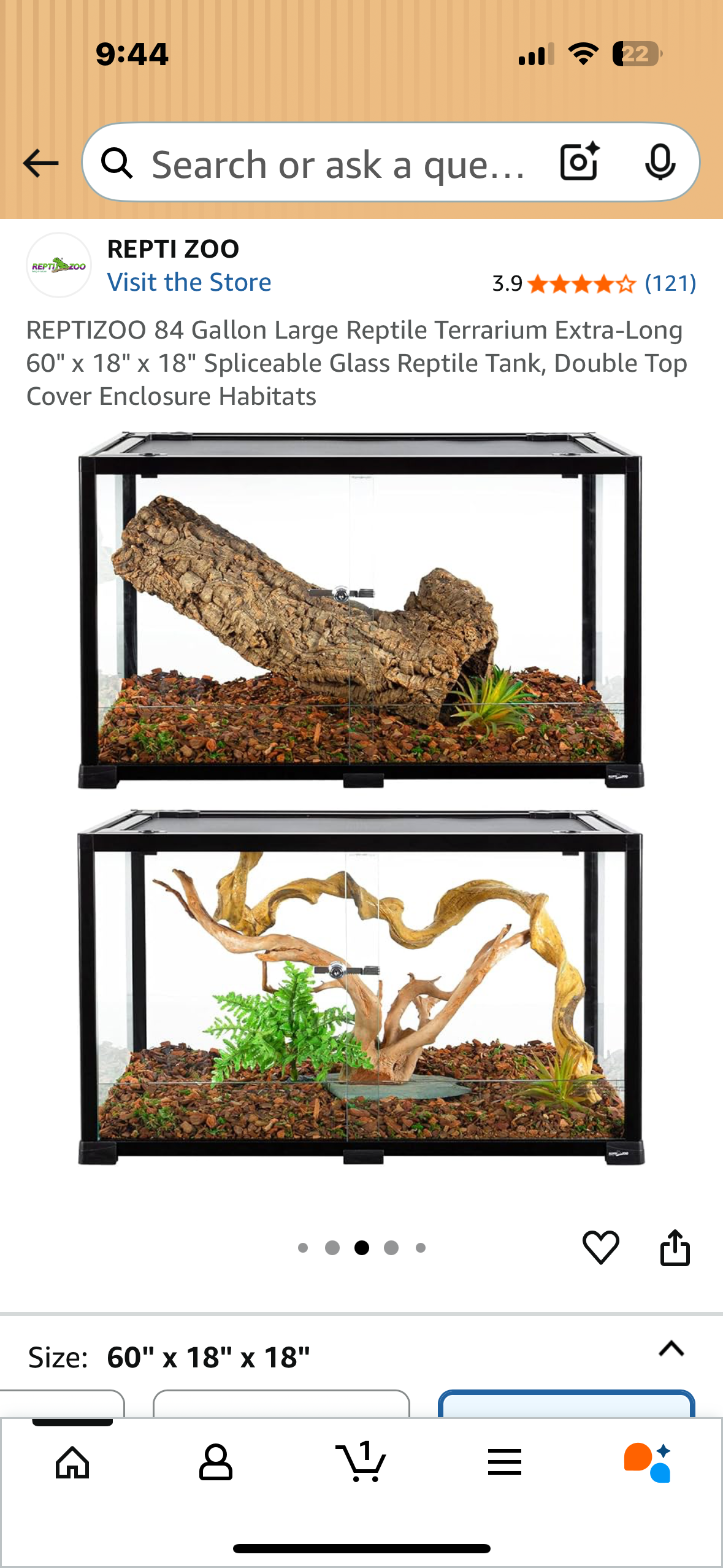 REPTIZOO 84 Gallon Large Reptile Terrarium Extra-Long 60" x 18" x 18" Spliceable Glass Reptile Tank, Double Top Cover Enclosure Habitats (R694)