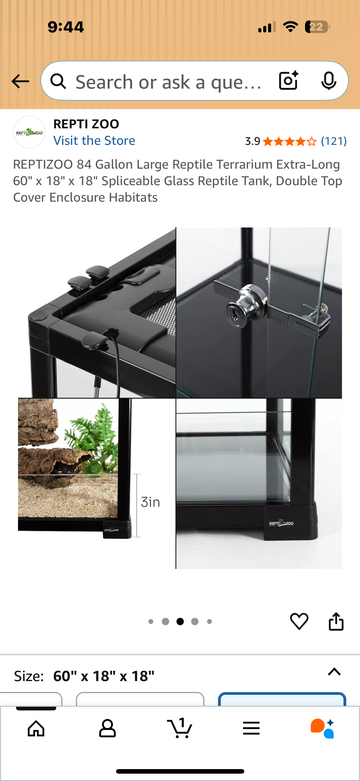 REPTIZOO 84 Gallon Large Reptile Terrarium Extra-Long 60" x 18" x 18" Spliceable Glass Reptile Tank, Double Top Cover Enclosure Habitats (R694)