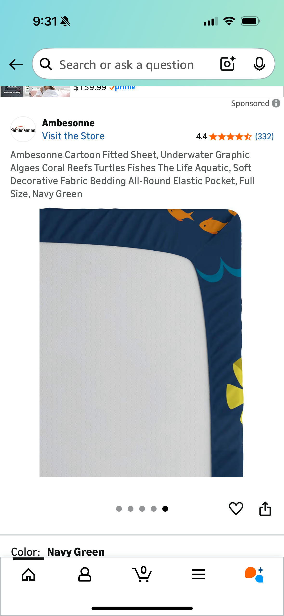 Ambesonne Cartoon Fitted Sheet, Underwater Graphic Algaes Coral Reefs Turtles Fishes The Life Aquatic, Soft Decorative Fabric Bedding All-Round Elastic Pocket, Full Size, Navy Green